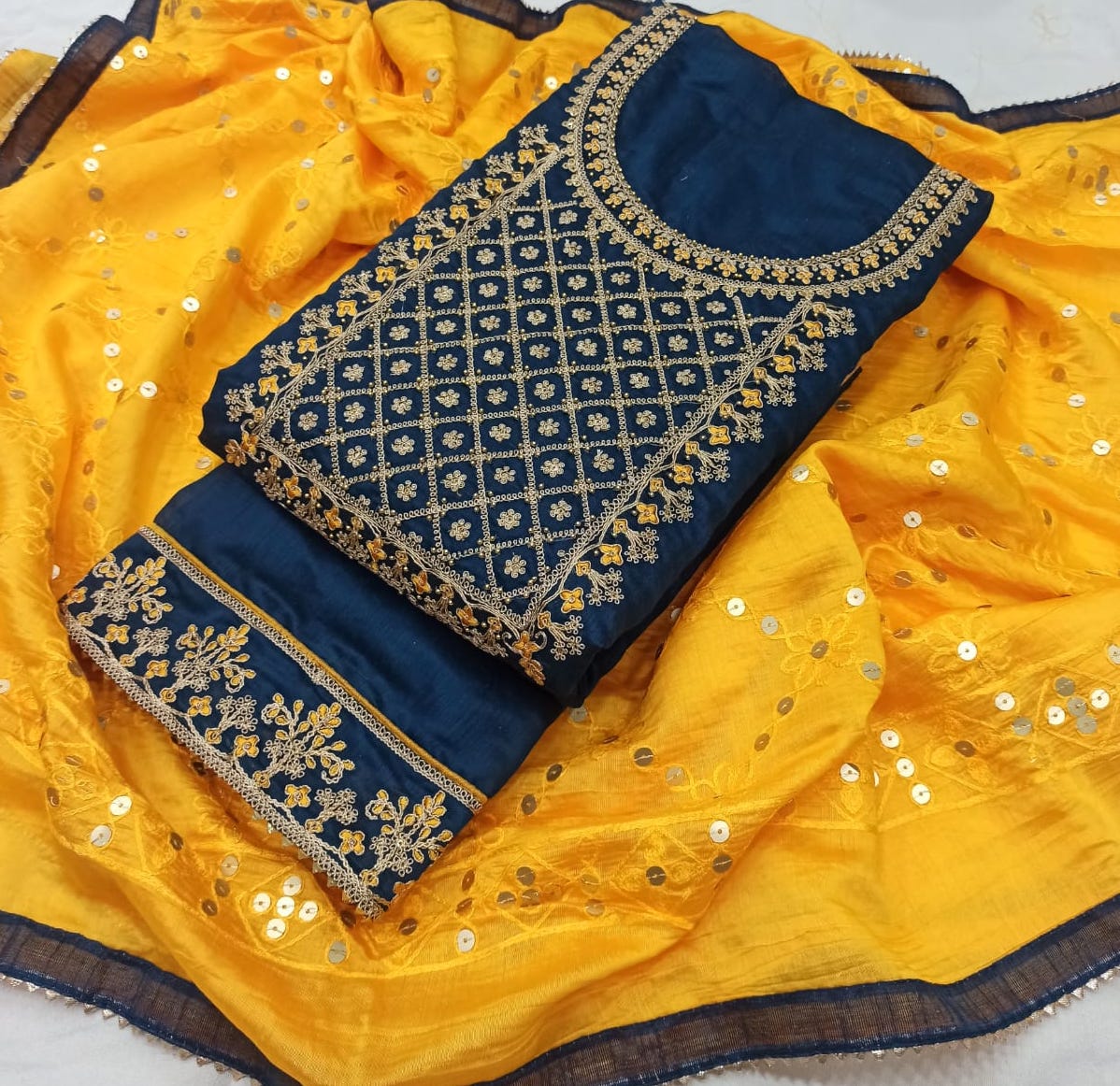 Navy Blue Silk Embroidery unstitched Salwar Suit