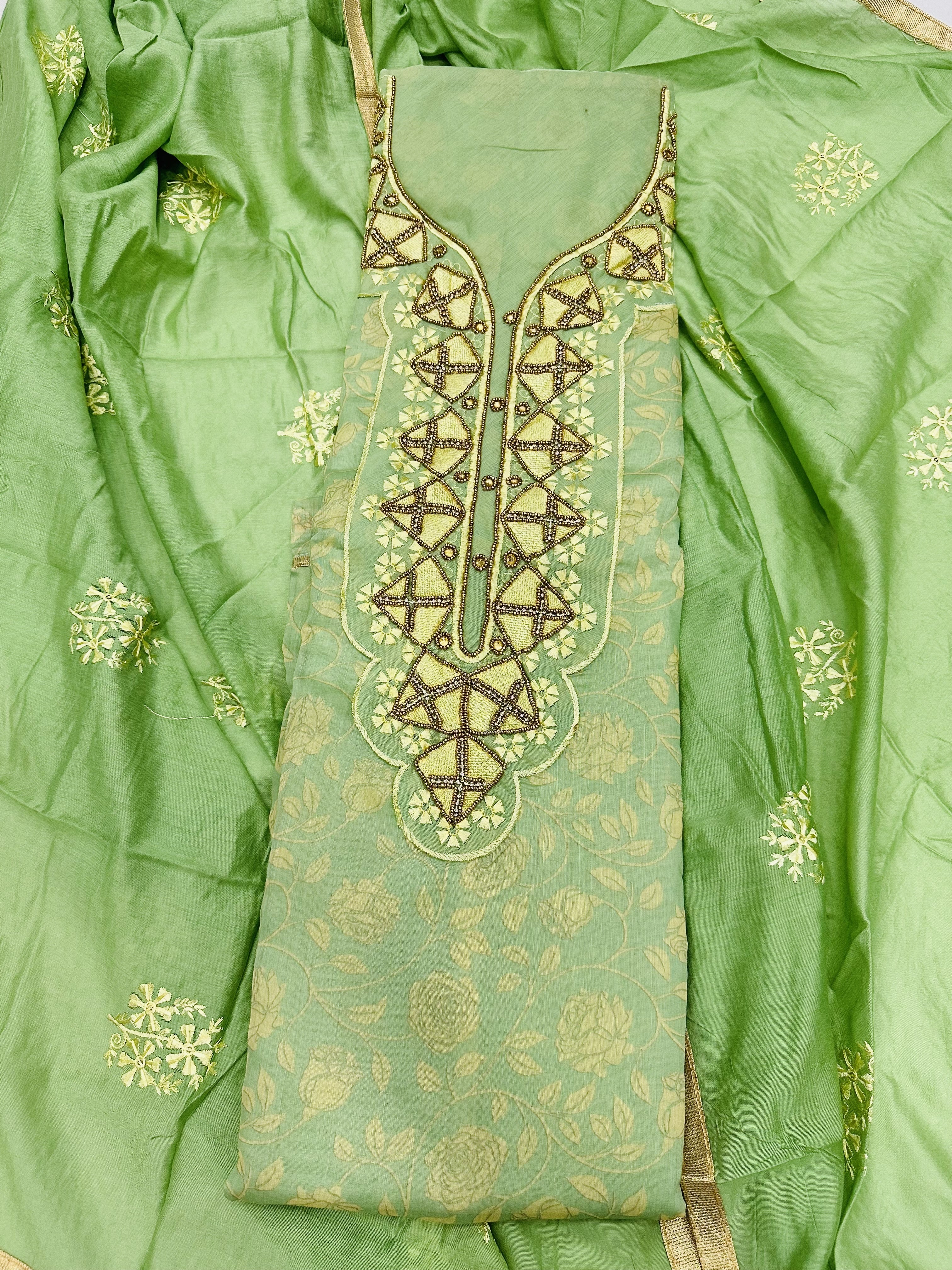 Green Chanderi Embroidery Unstitched Salwar Suit With Chanderi Dupatta