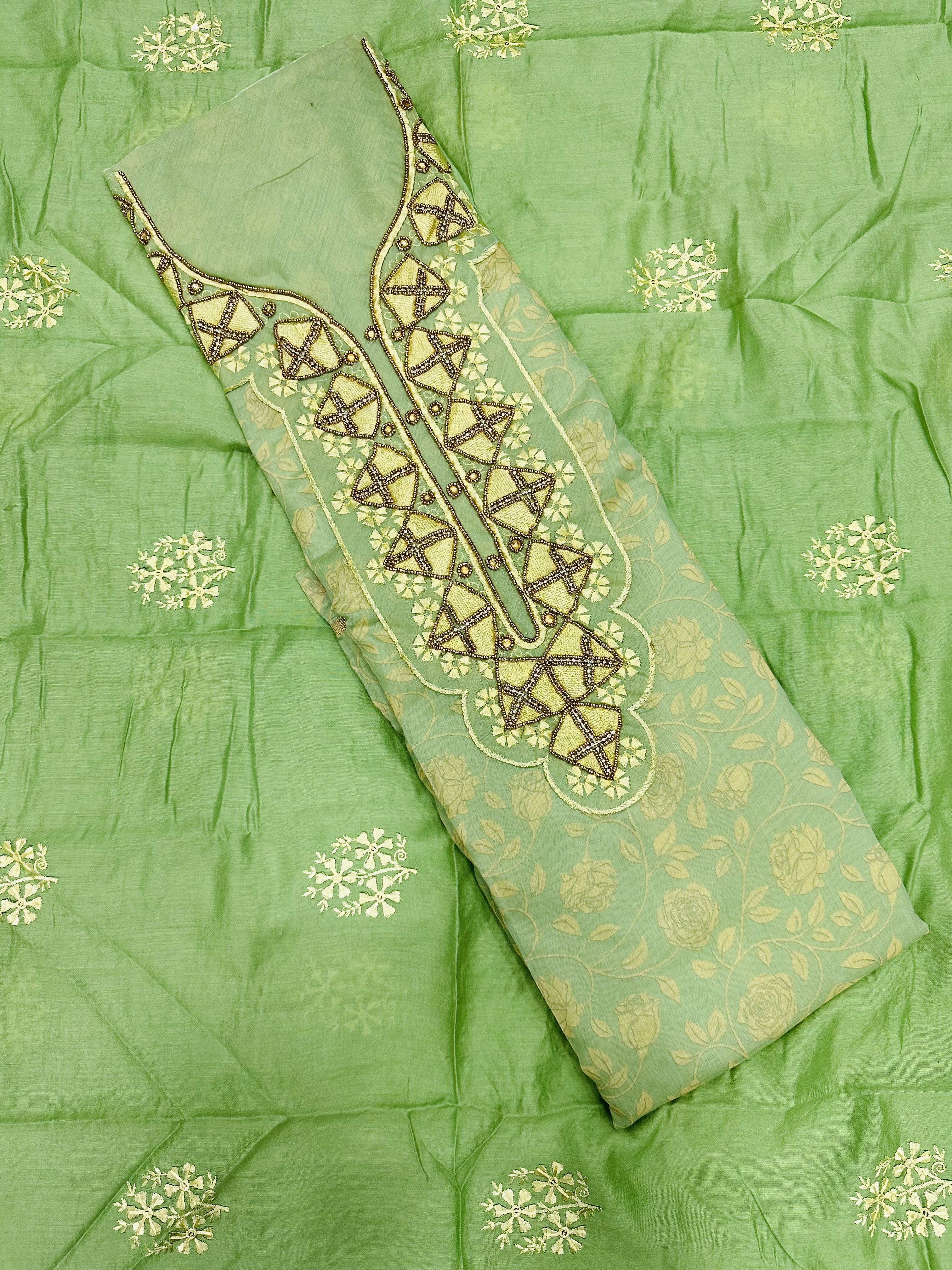 Green Chanderi Embroidery Unstitched Salwar Suit With Chanderi Dupatta