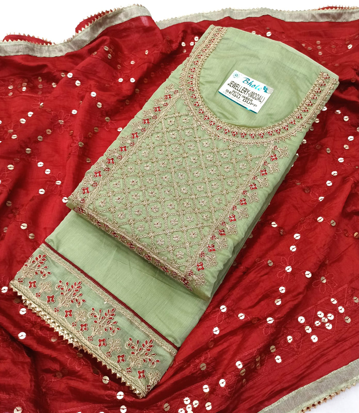 Dusty Green Silk Embroidery unstitched Salwar Suit