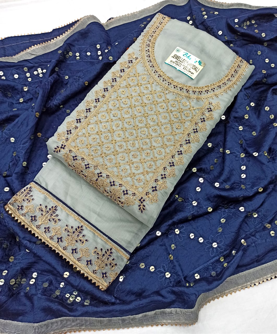 Dusty Blue Silk Embroidery unstitched Salwar Suit