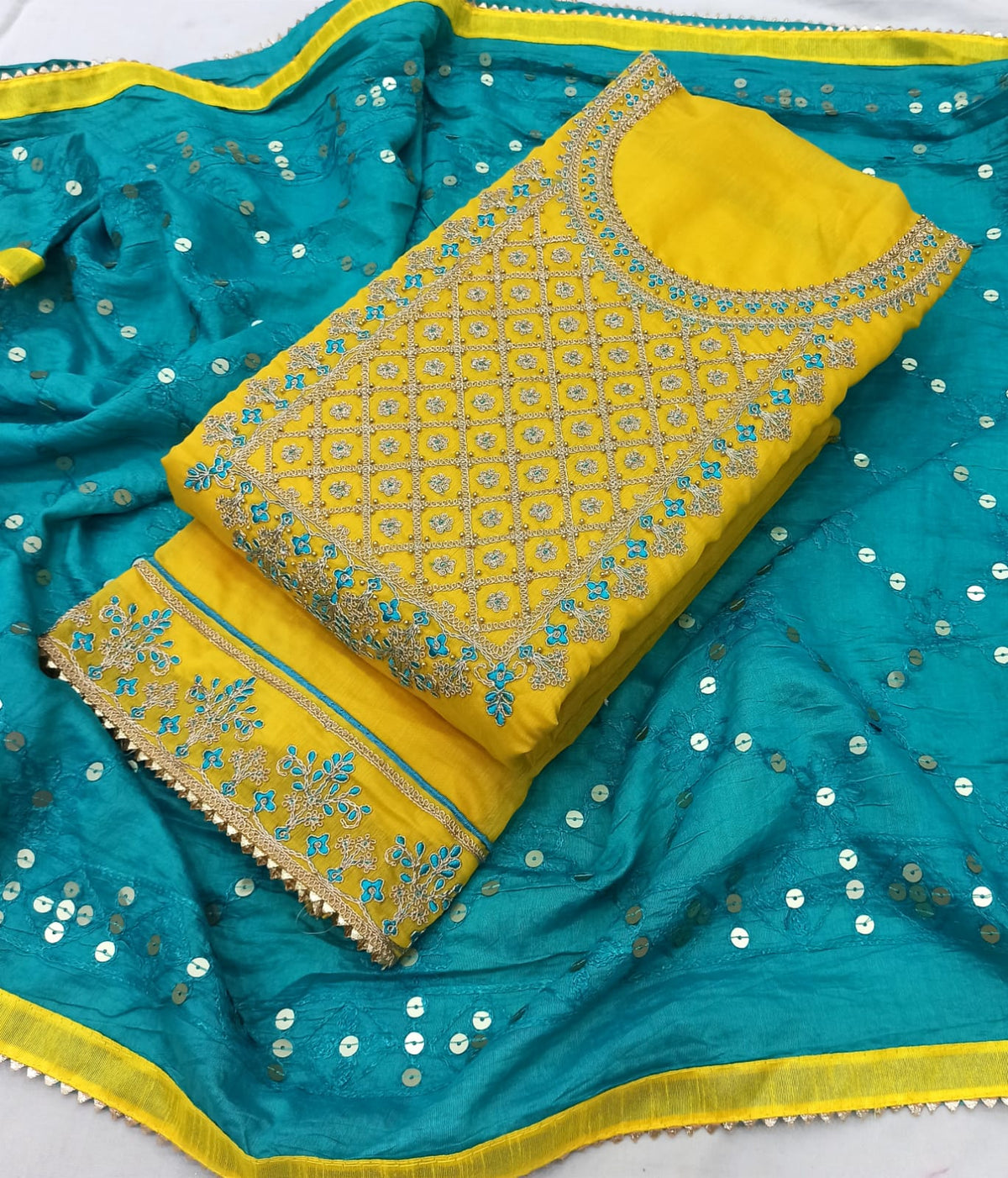 Yellow Silk Embroidery unstitched Salwar Suit