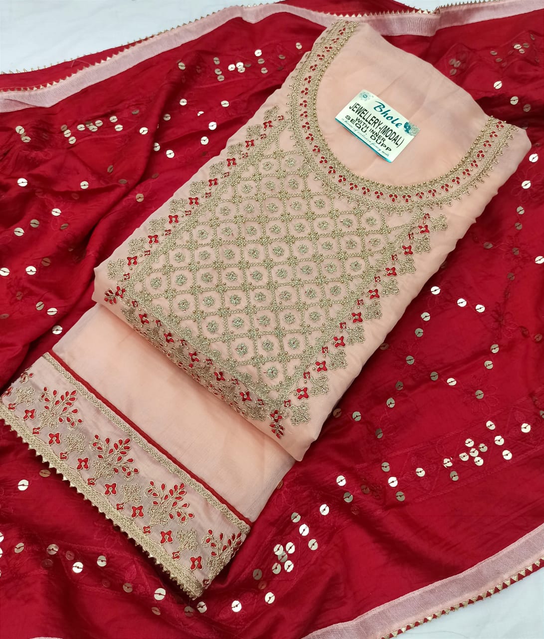 Baby Pink Silk Embroidery unstitched Salwar Suit