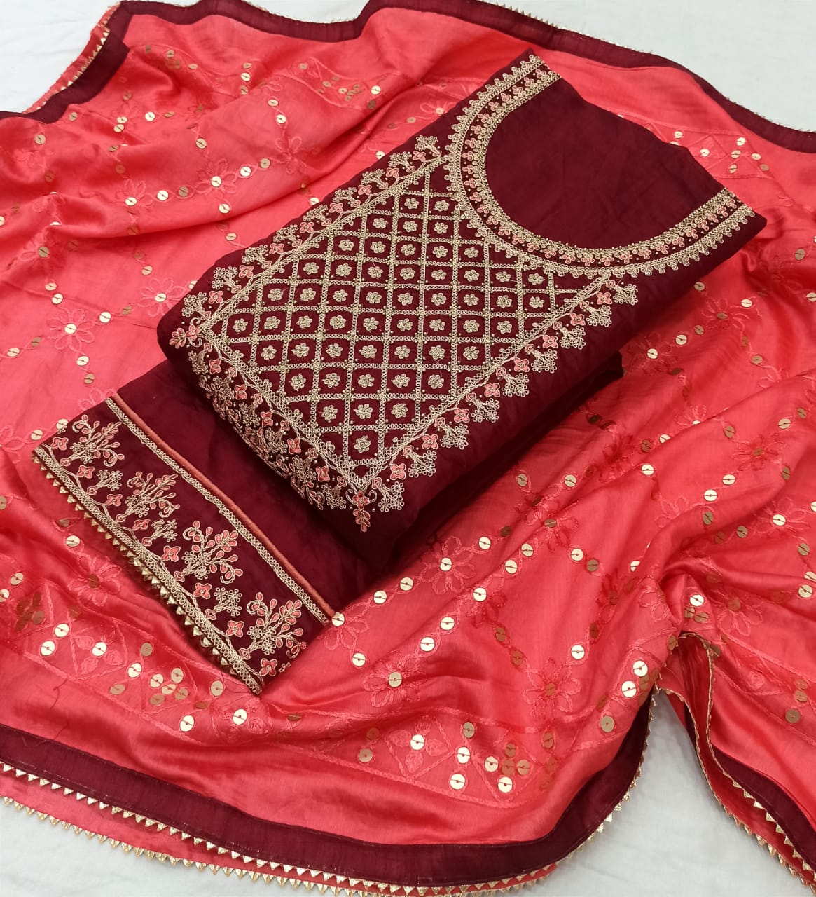 Maroon Silk Embroidery unstitched Salwar Suit