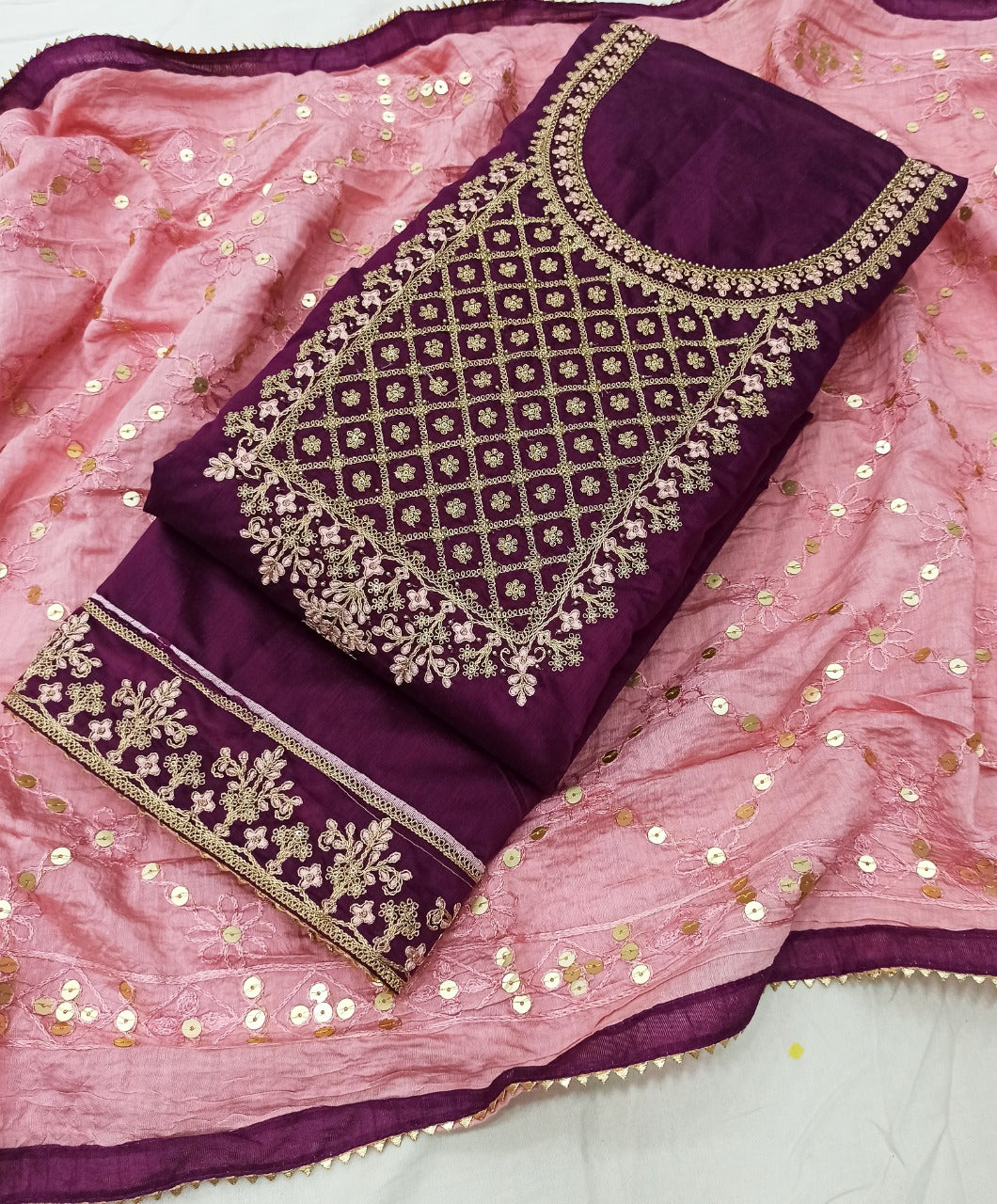 Wine Silk Embroidery unstitched Salwar Suit