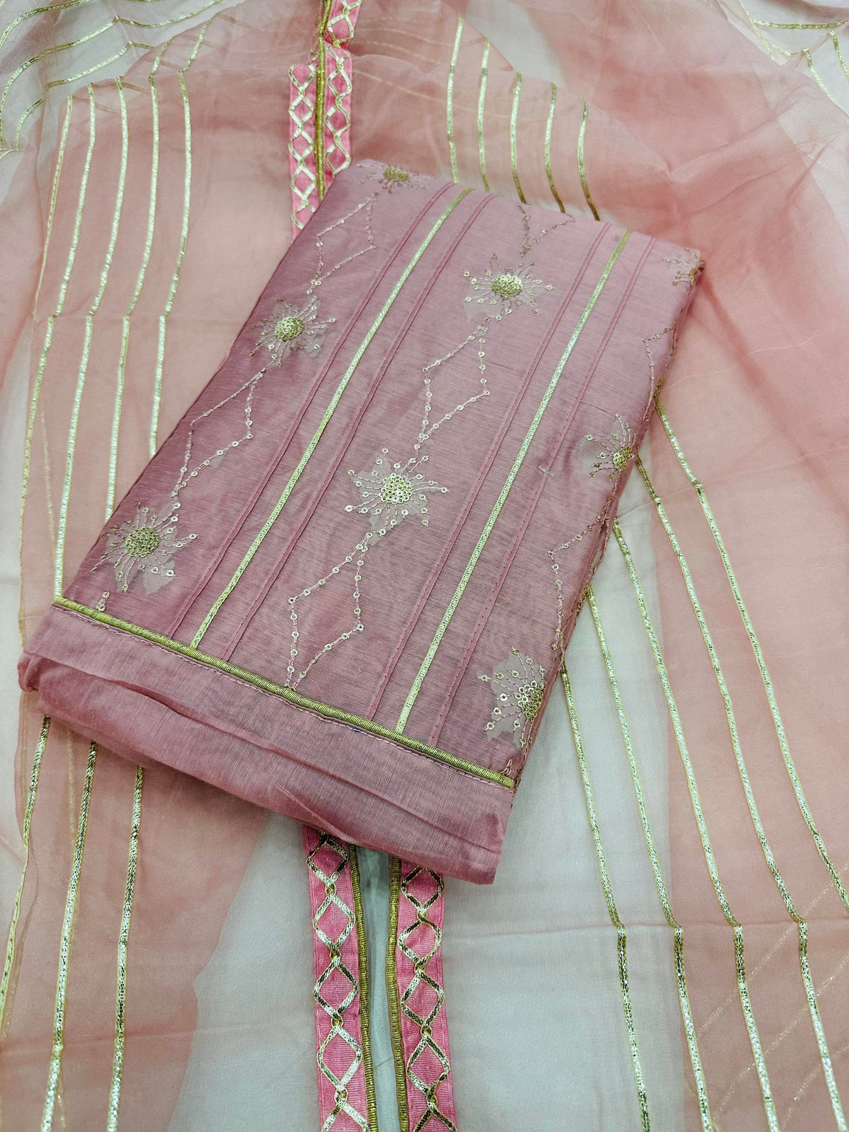 Pastel pink Chanderi Embroidery Unstitched Salwar Suit