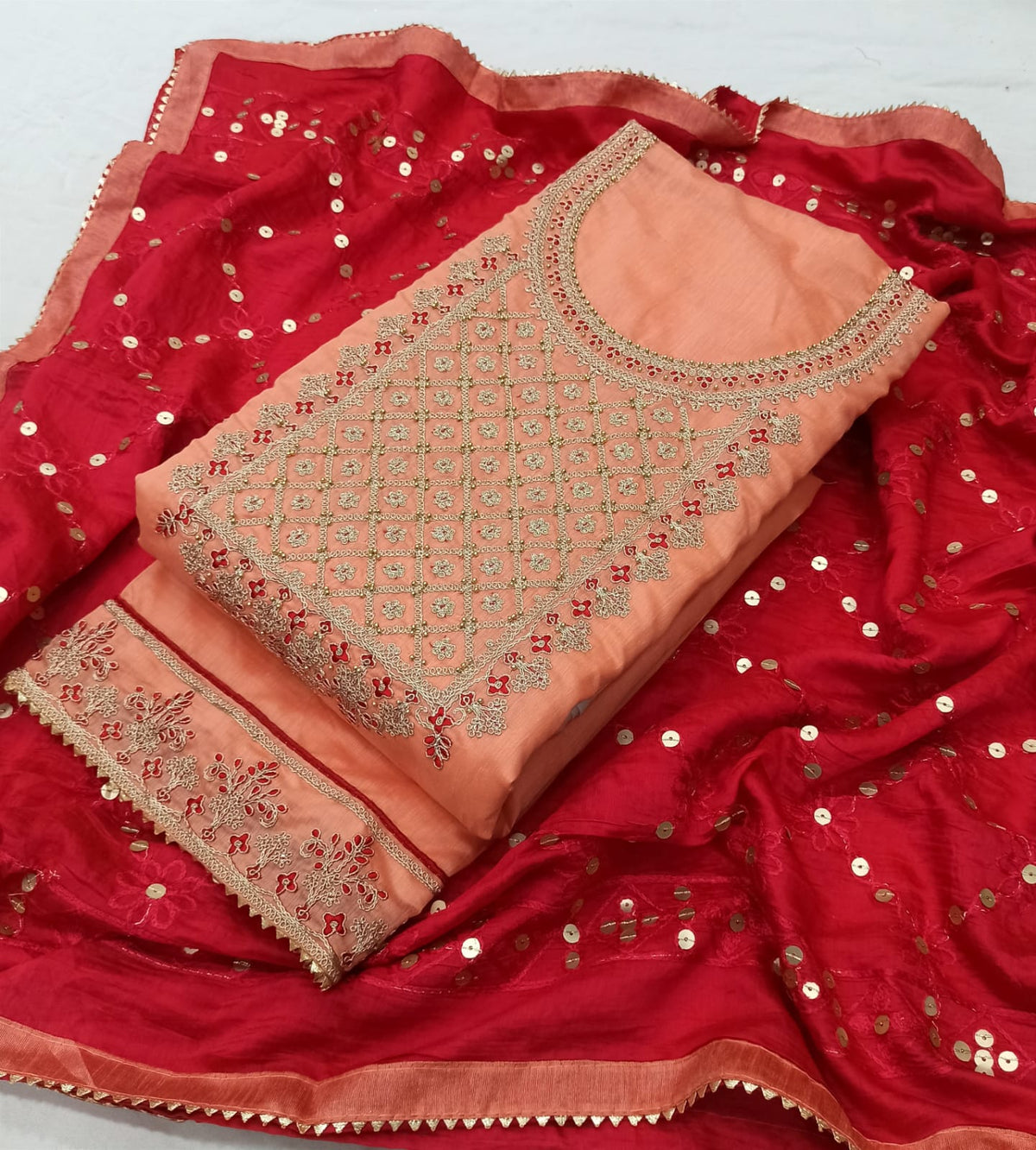 Light Peach Silk Embroidery unstitched Salwar Suit