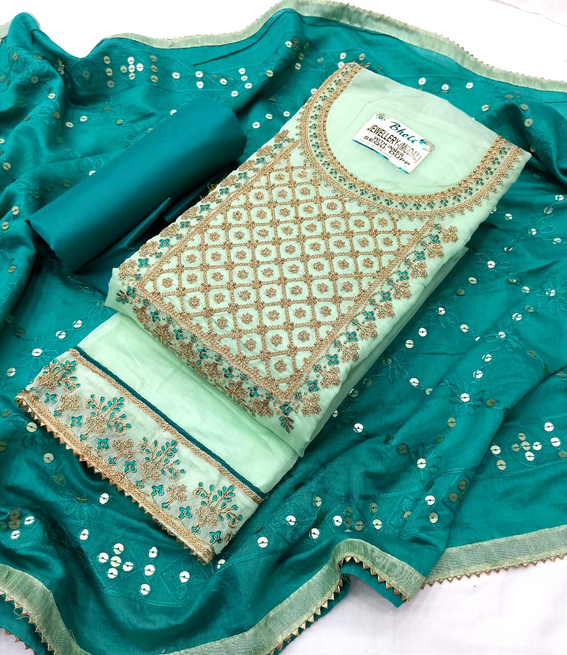 Pastel Green Silk Embroidery unstitched Salwar Suit