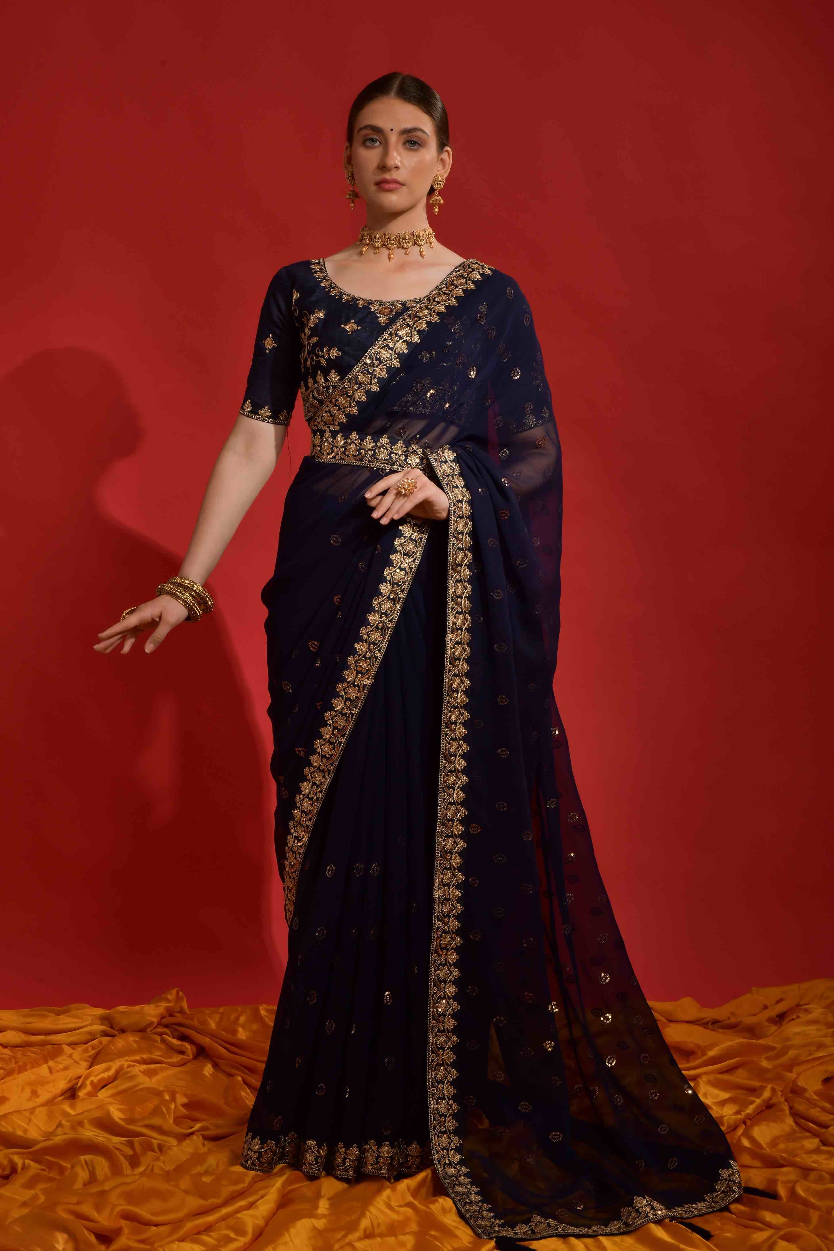 Faux Georgette Sequence Embroidery Saree With Waist Belt