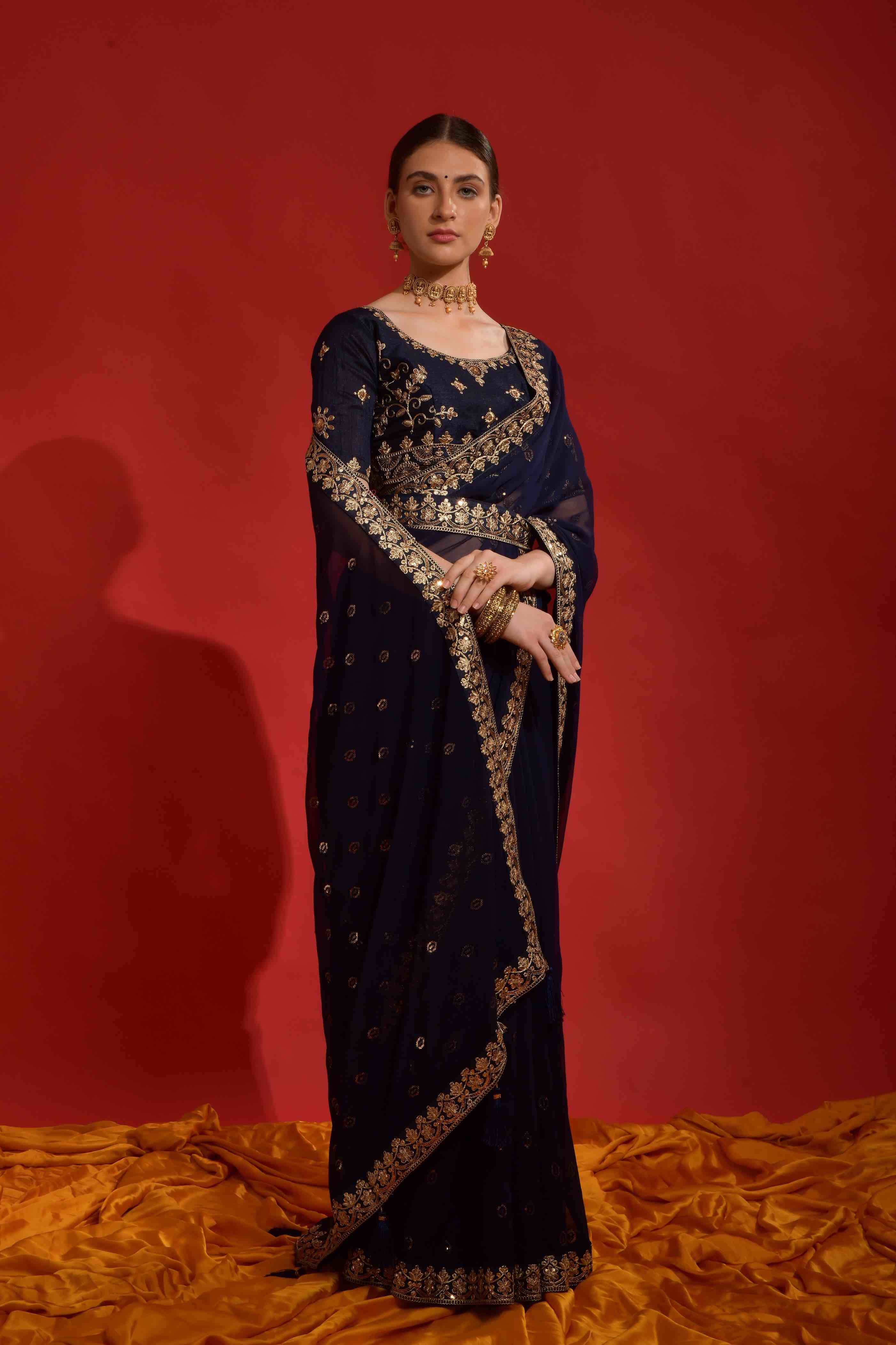 Faux Georgette Sequence Embroidery Saree With Waist Belt