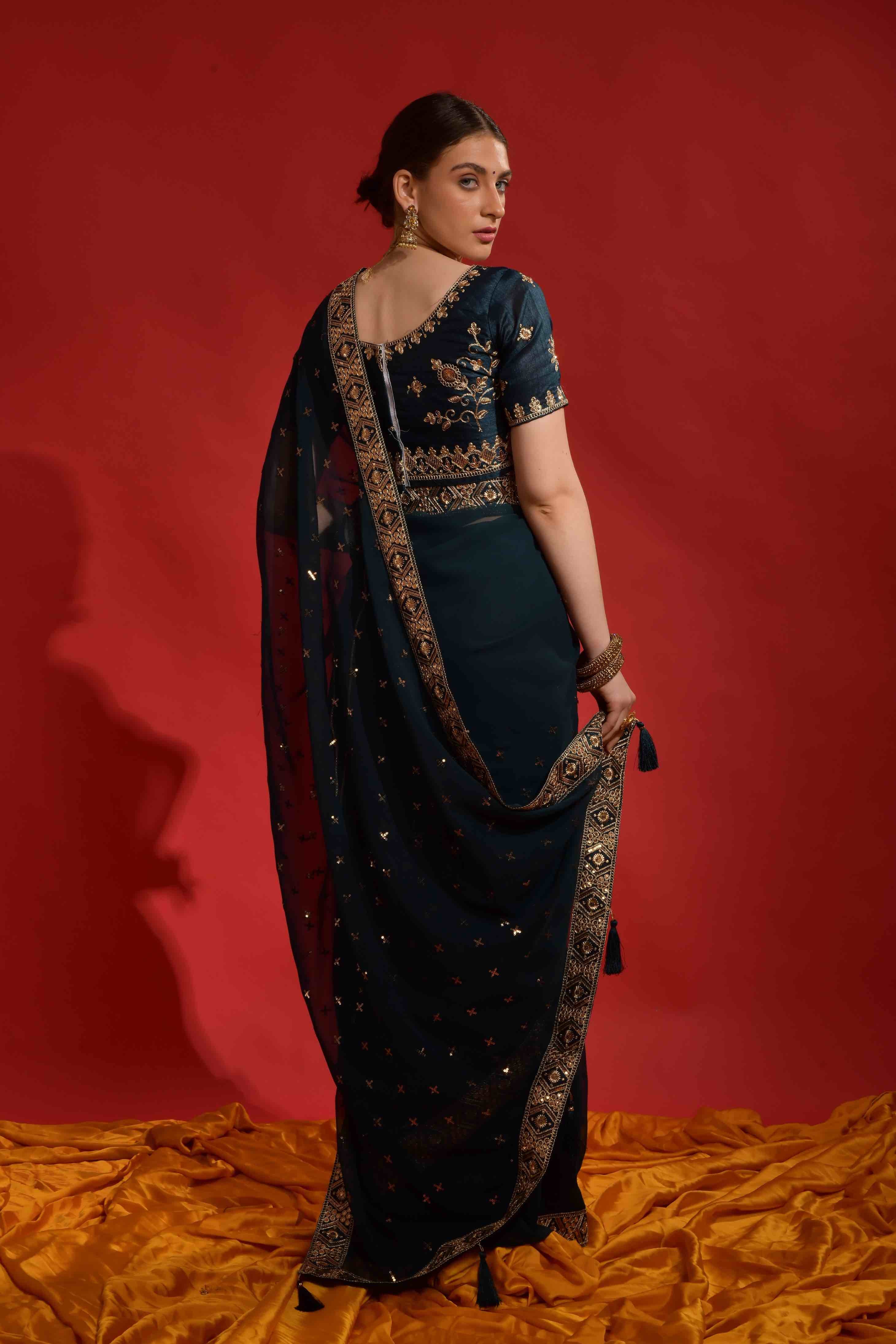 Faux Georgette Sequence Embroidery Saree With Waist Belt