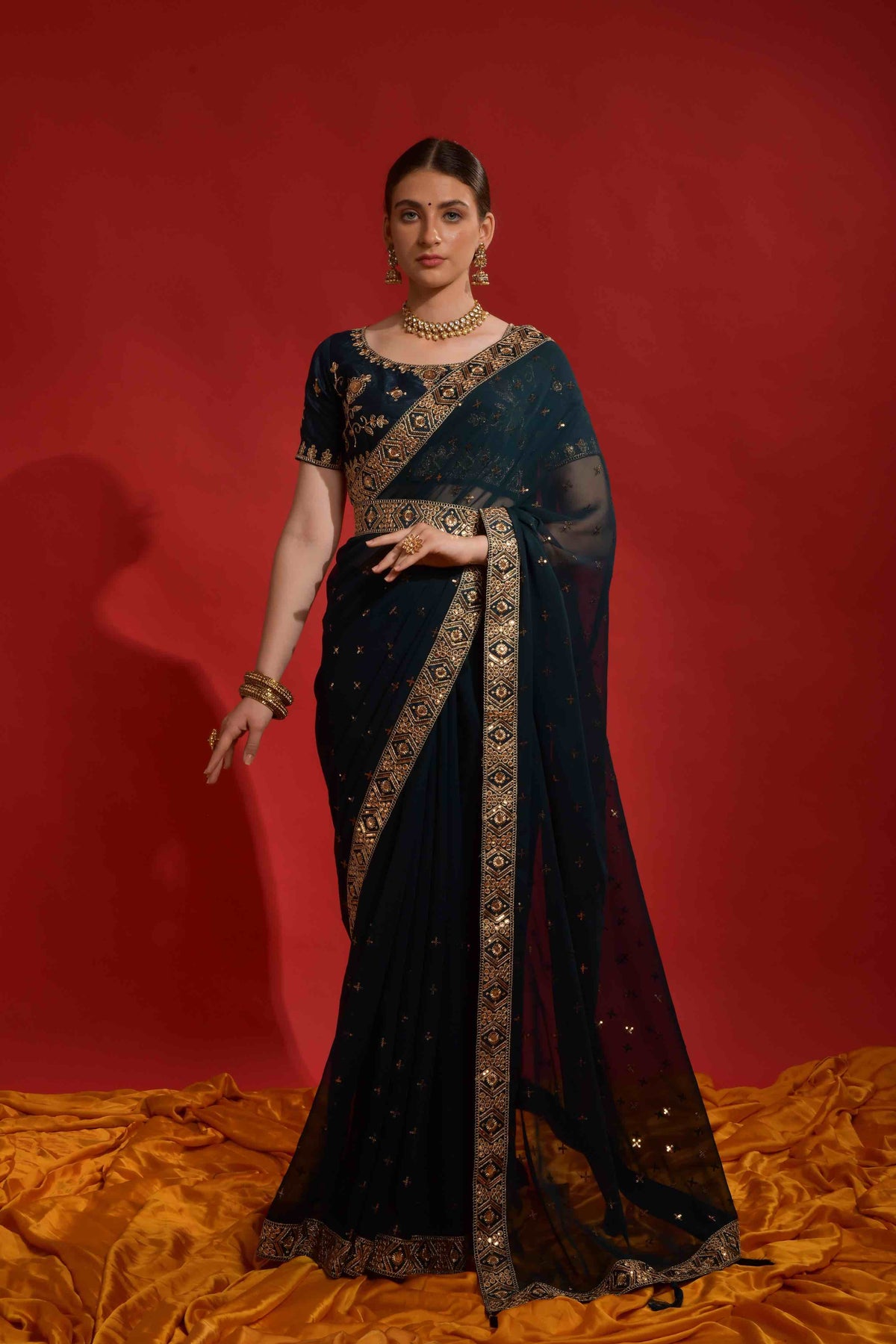 Faux Georgette Sequence Embroidery Saree With Waist Belt