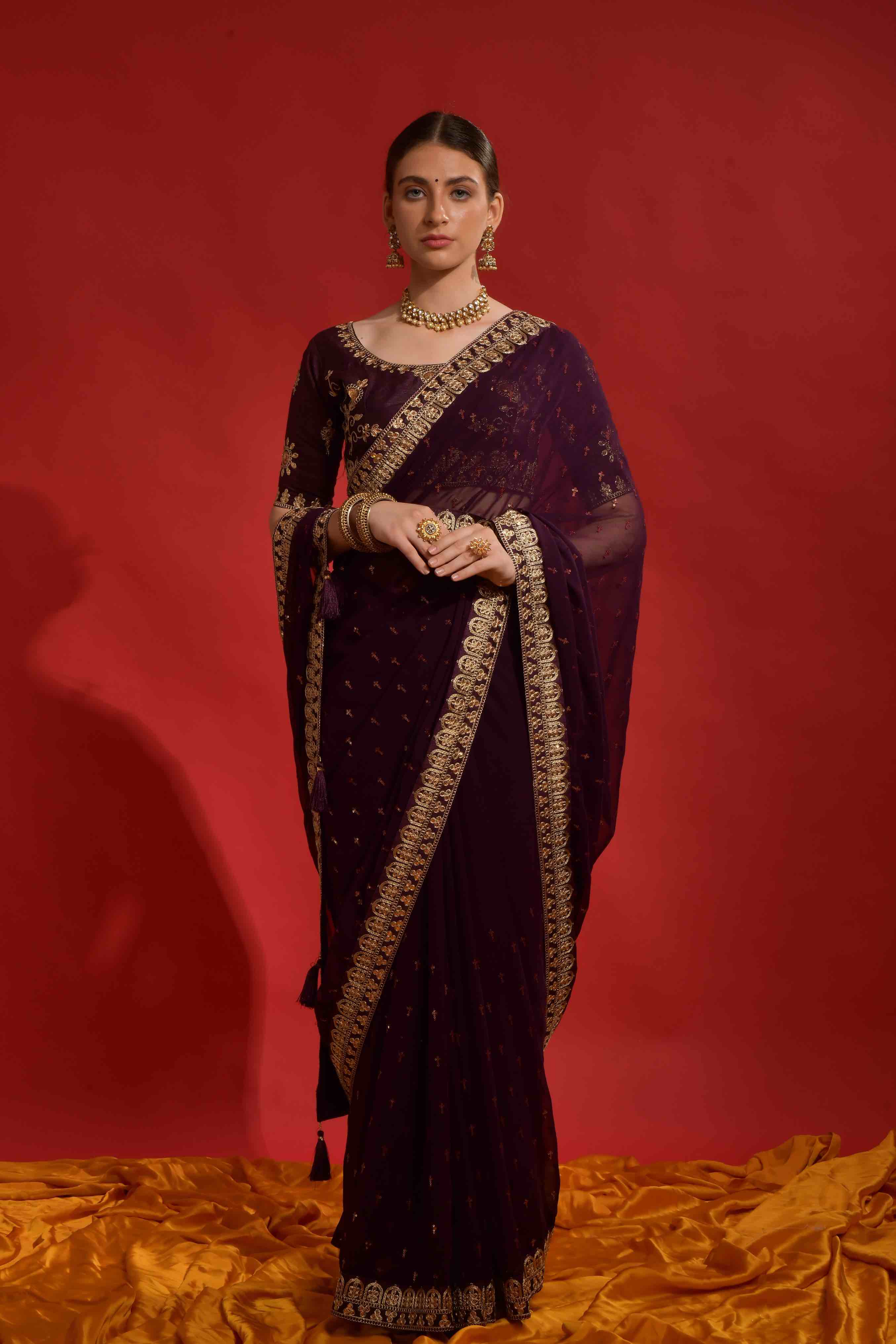 Faux Georgette Sequence Embroidery Saree With Waist Belt