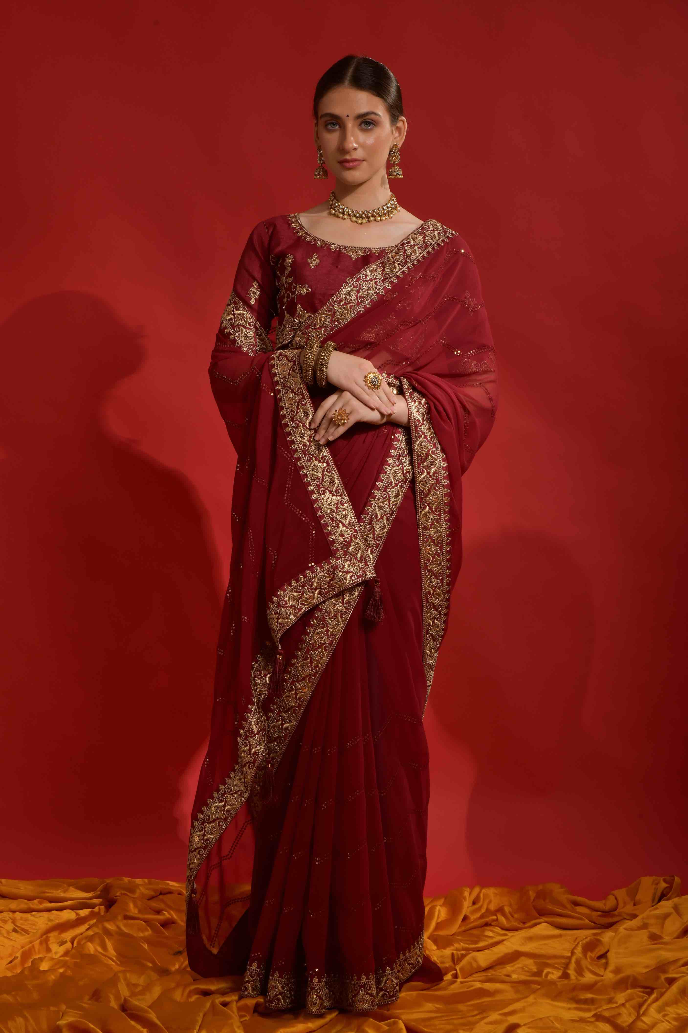 Faux Georgette Sequence Embroidery Saree With Waist Belt