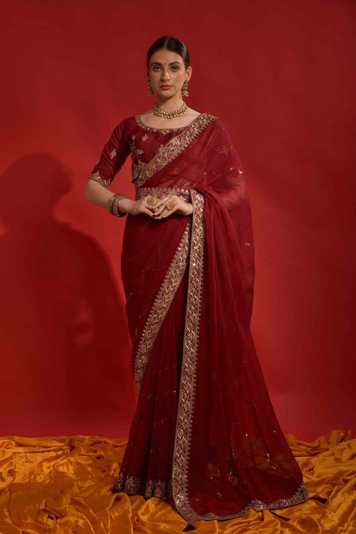 Faux Georgette Sequence Embroidery Saree With Waist Belt