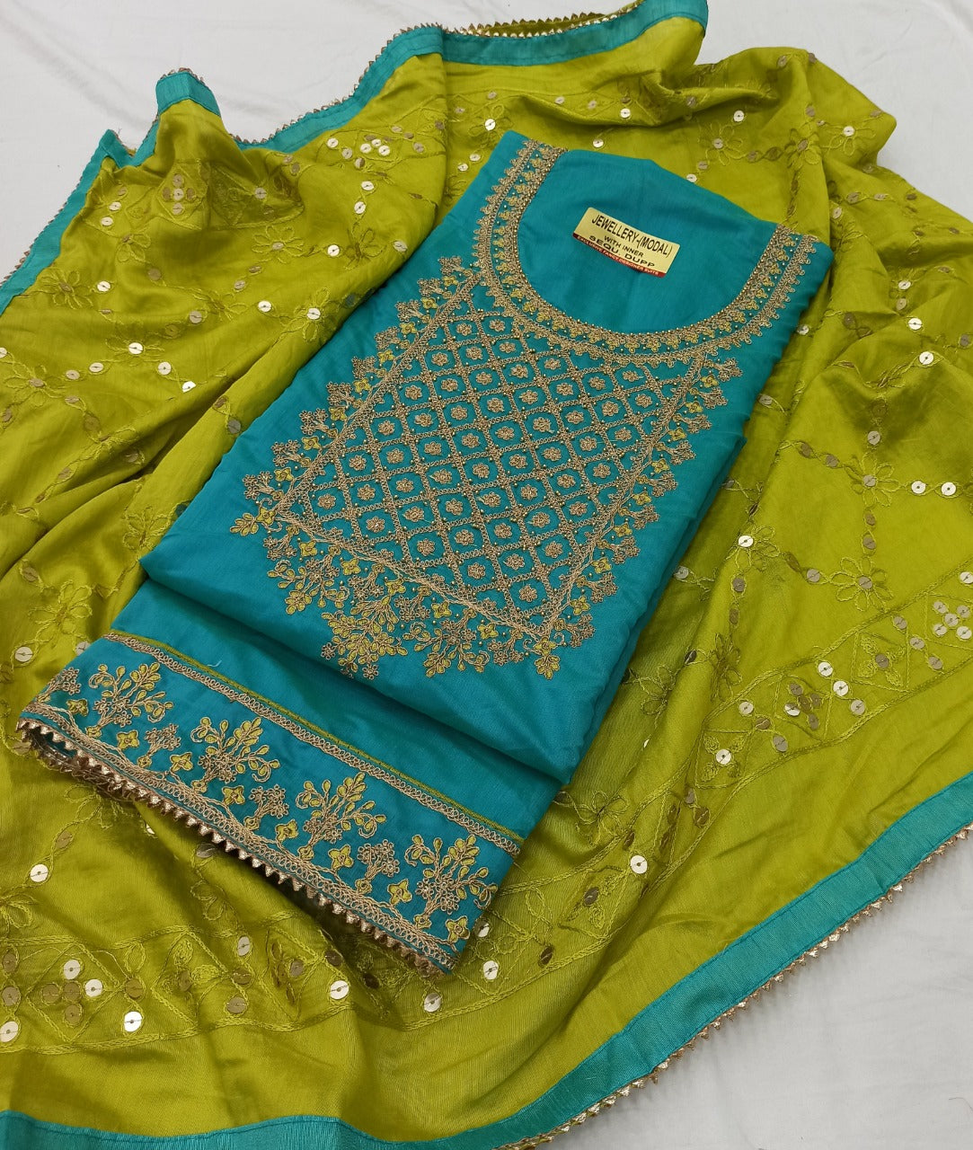 Firozi Silk Embroidery unstitched Salwar Suit