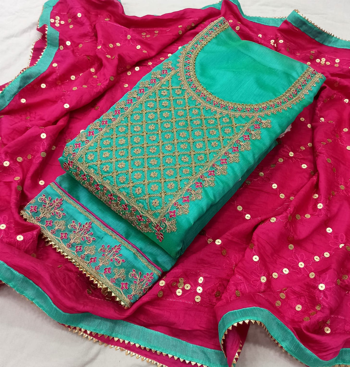 Teal Green Silk Embroidery unstitched Salwar Suit