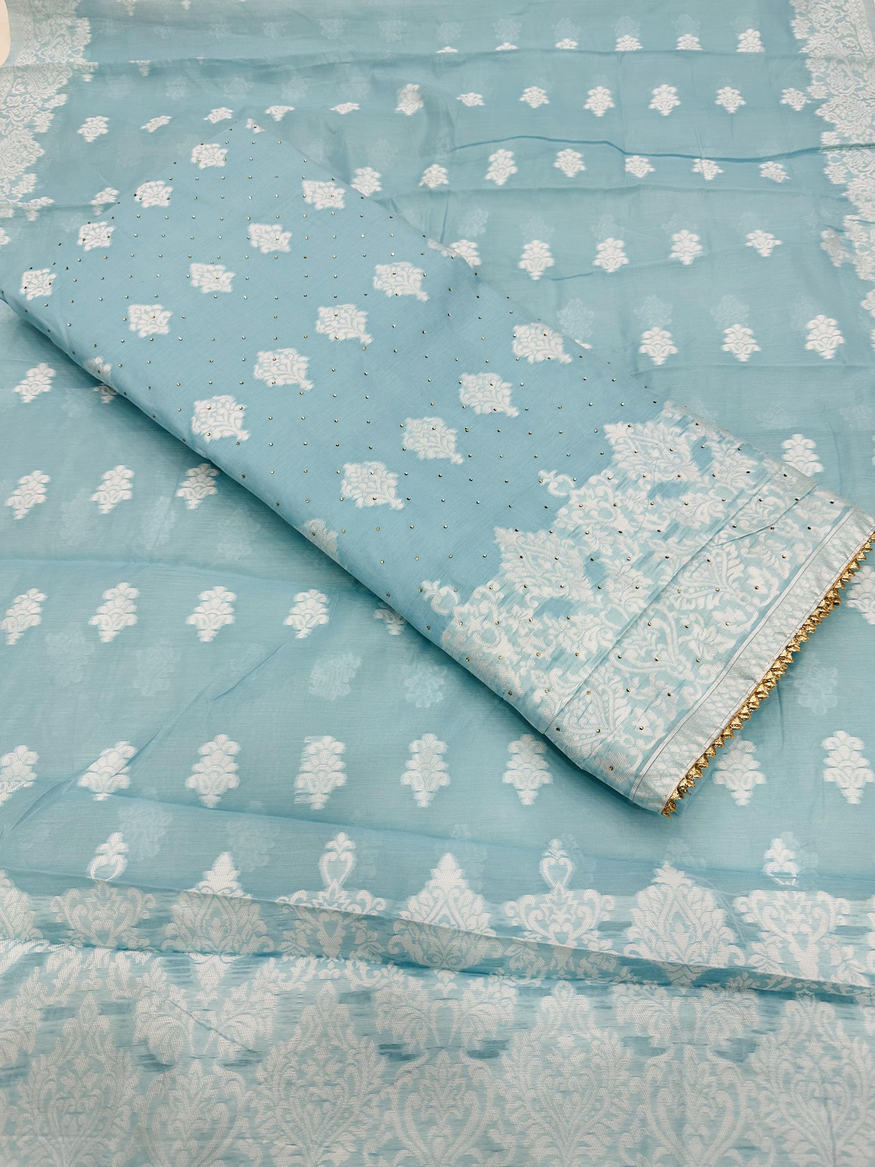 Sky blue Chanderi unstitched salwar suit