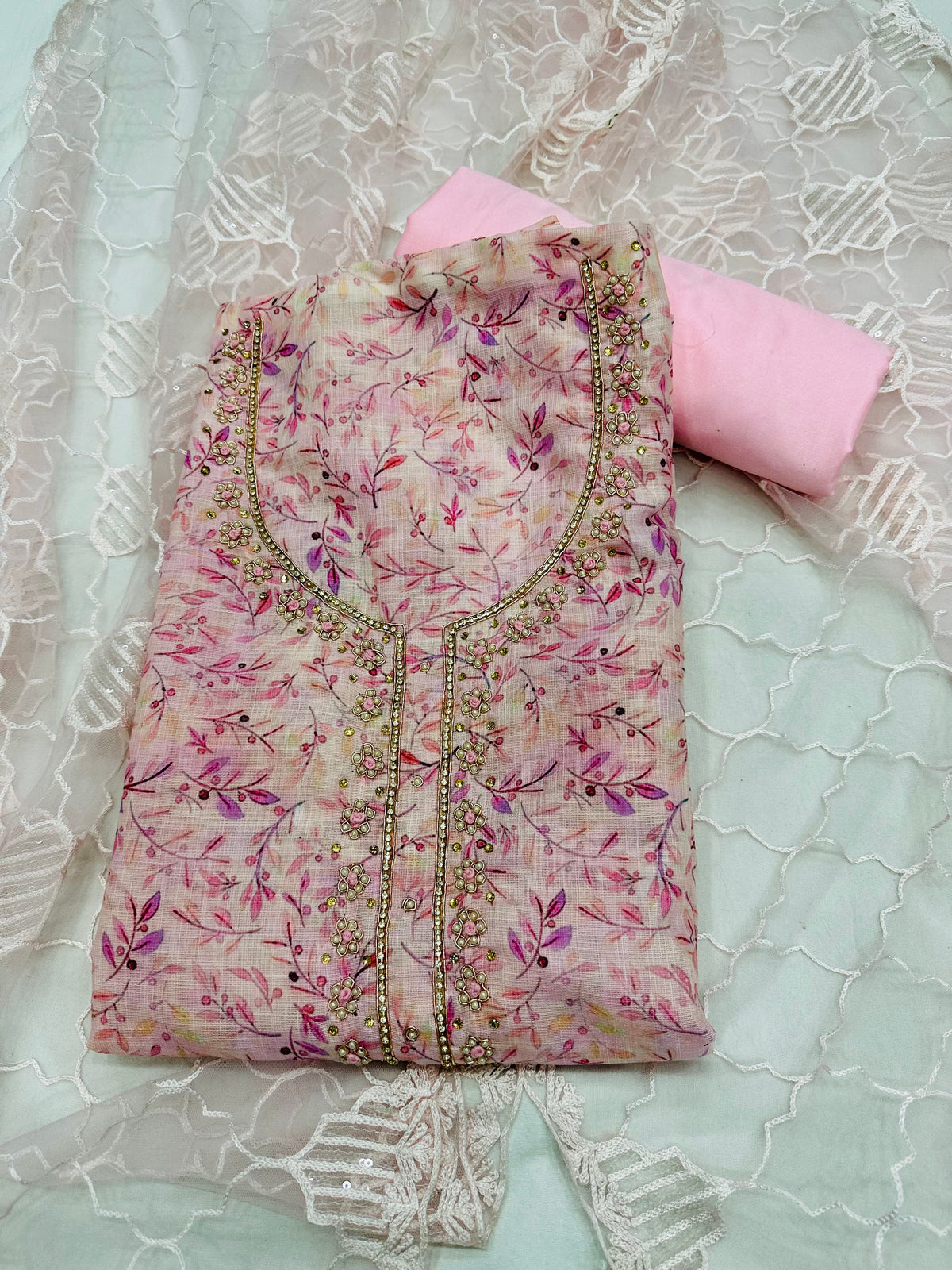 Baby Pink Linen Embroidery Unstitched Salwar Suit With Organza Dupatta