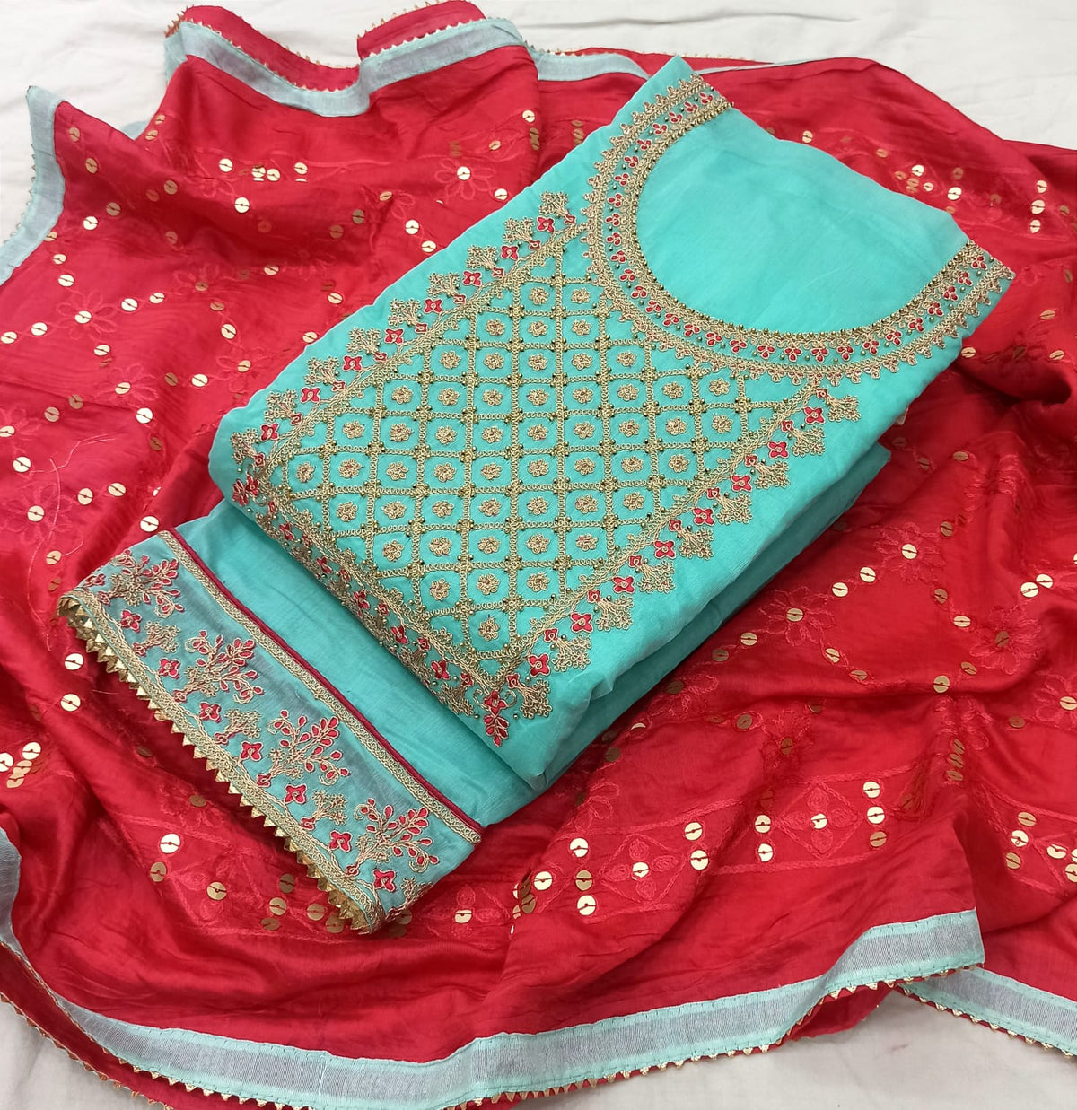 Turquoise green Silk Embroidery unstitched Salwar Suit