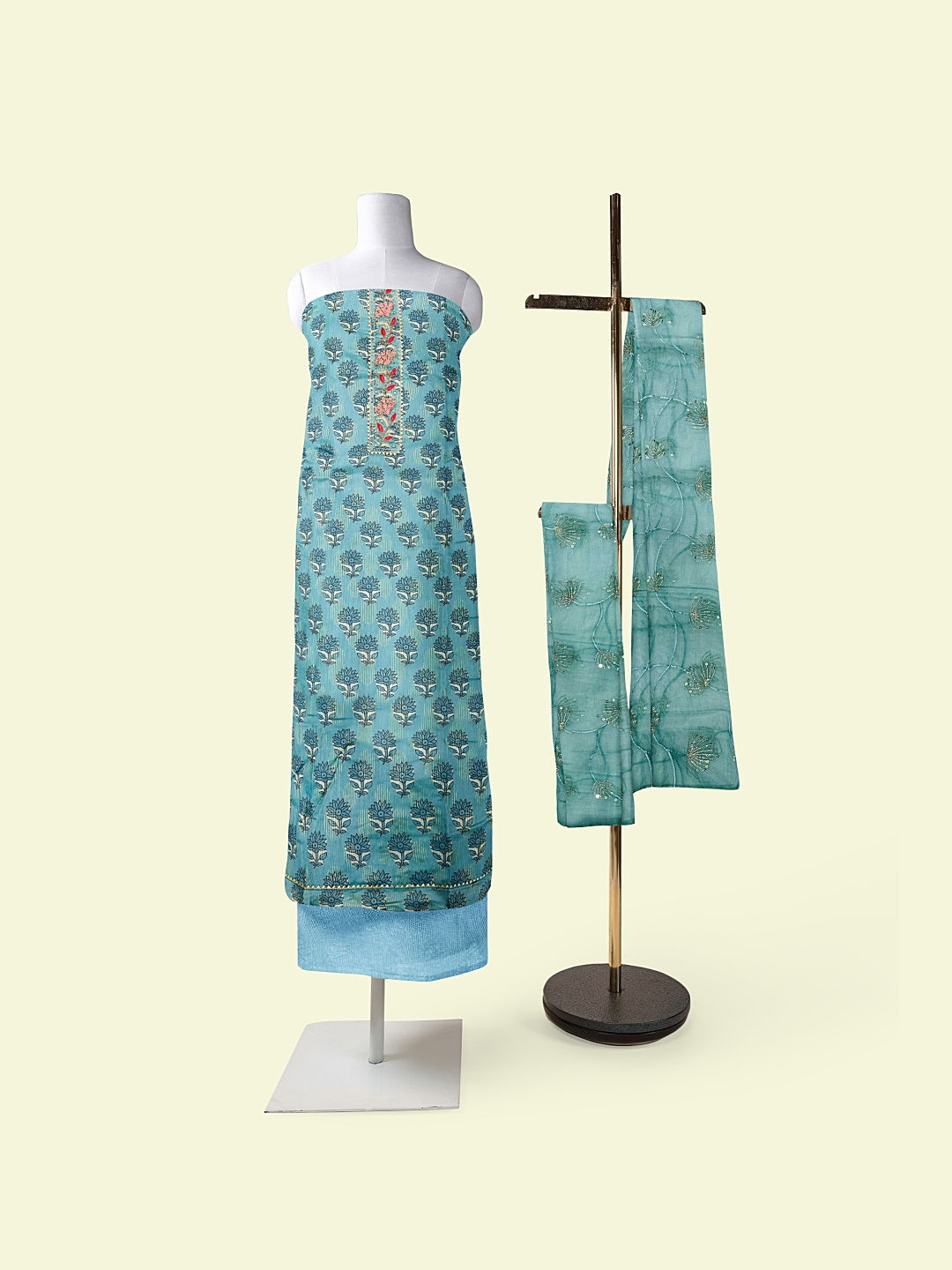 Blue Chanderi Jacquard Handwork Unstitched Salwar Suit With Organza Embroidery Dupatta