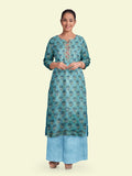 Blue Chanderi Jacquard Handwork Unstitched Salwar Suit With Organza Embroidery Dupatta