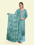 Blue Chanderi Jacquard Handwork Unstitched Salwar Suit With Organza Embroidery Dupatta