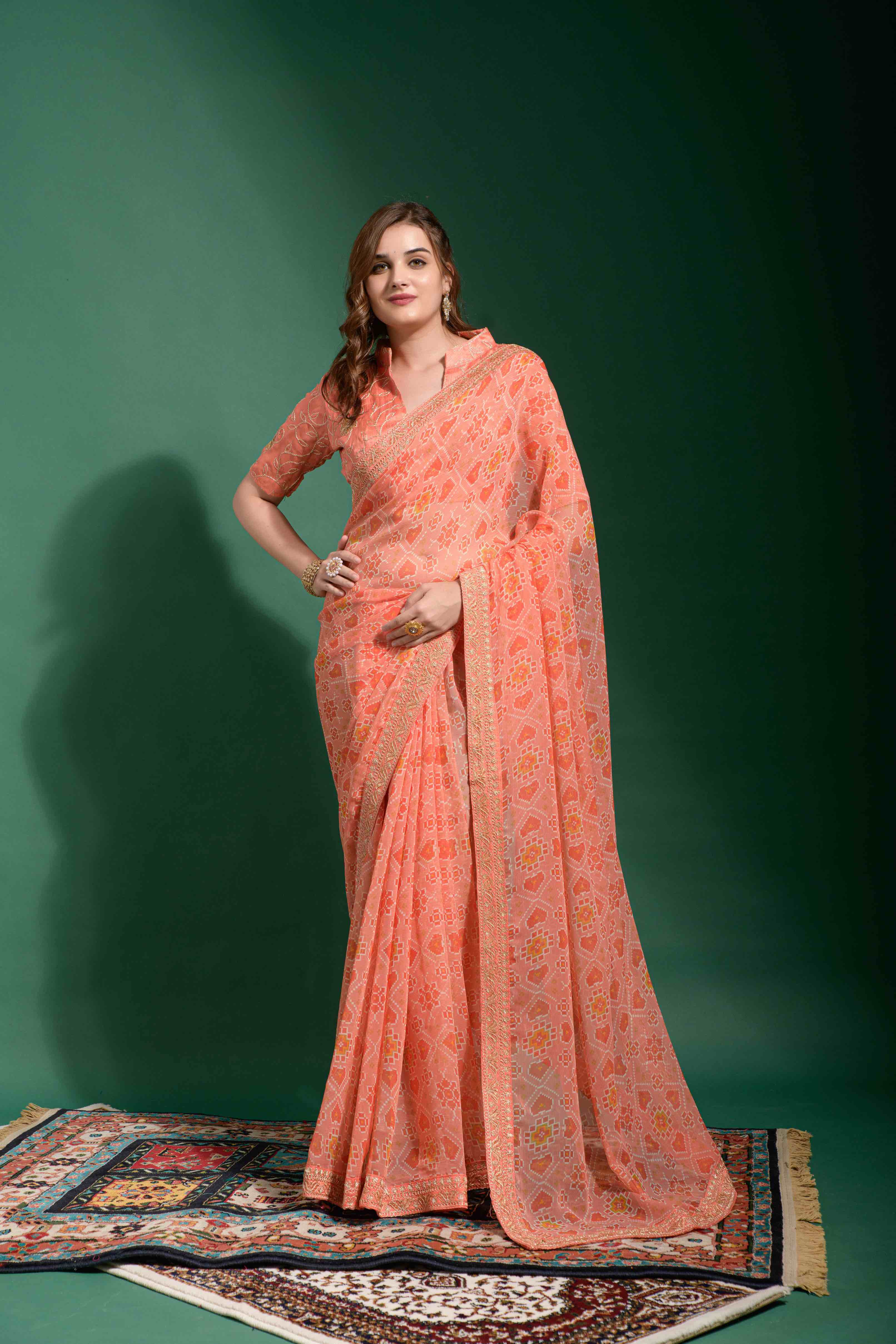 Georgette Patola Print Saree With Heavy Embroidery border