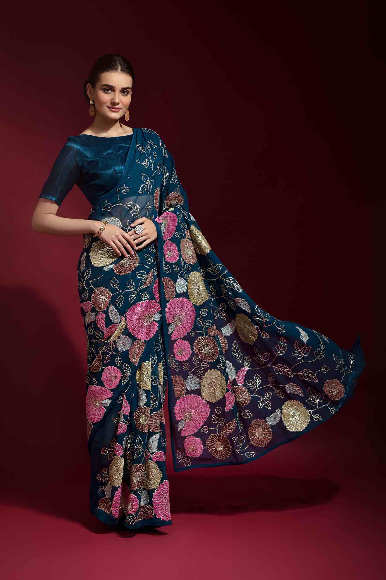 Faux Georgette Flower Sequence Saree