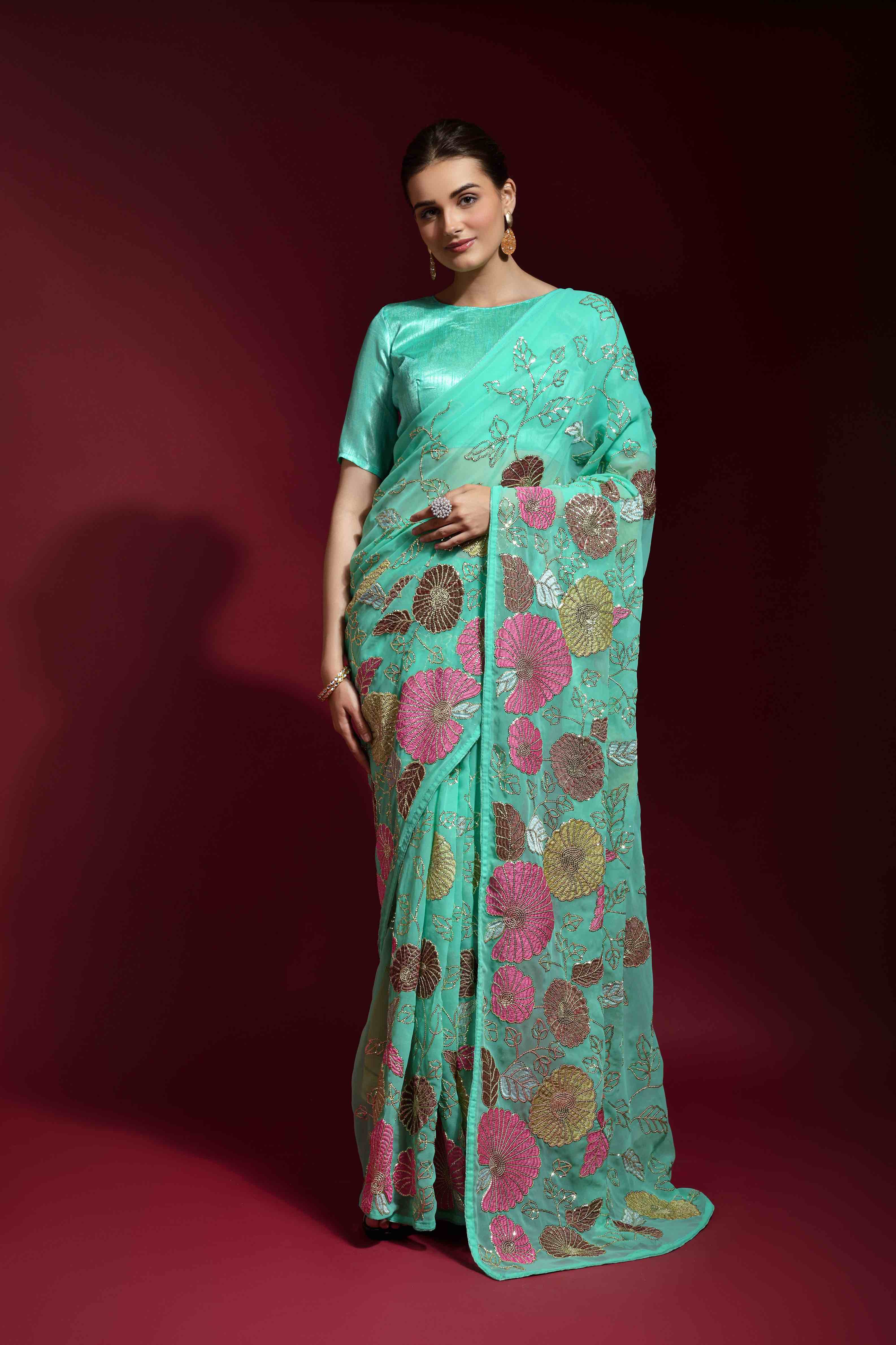 Faux Georgette Flower Sequence Saree