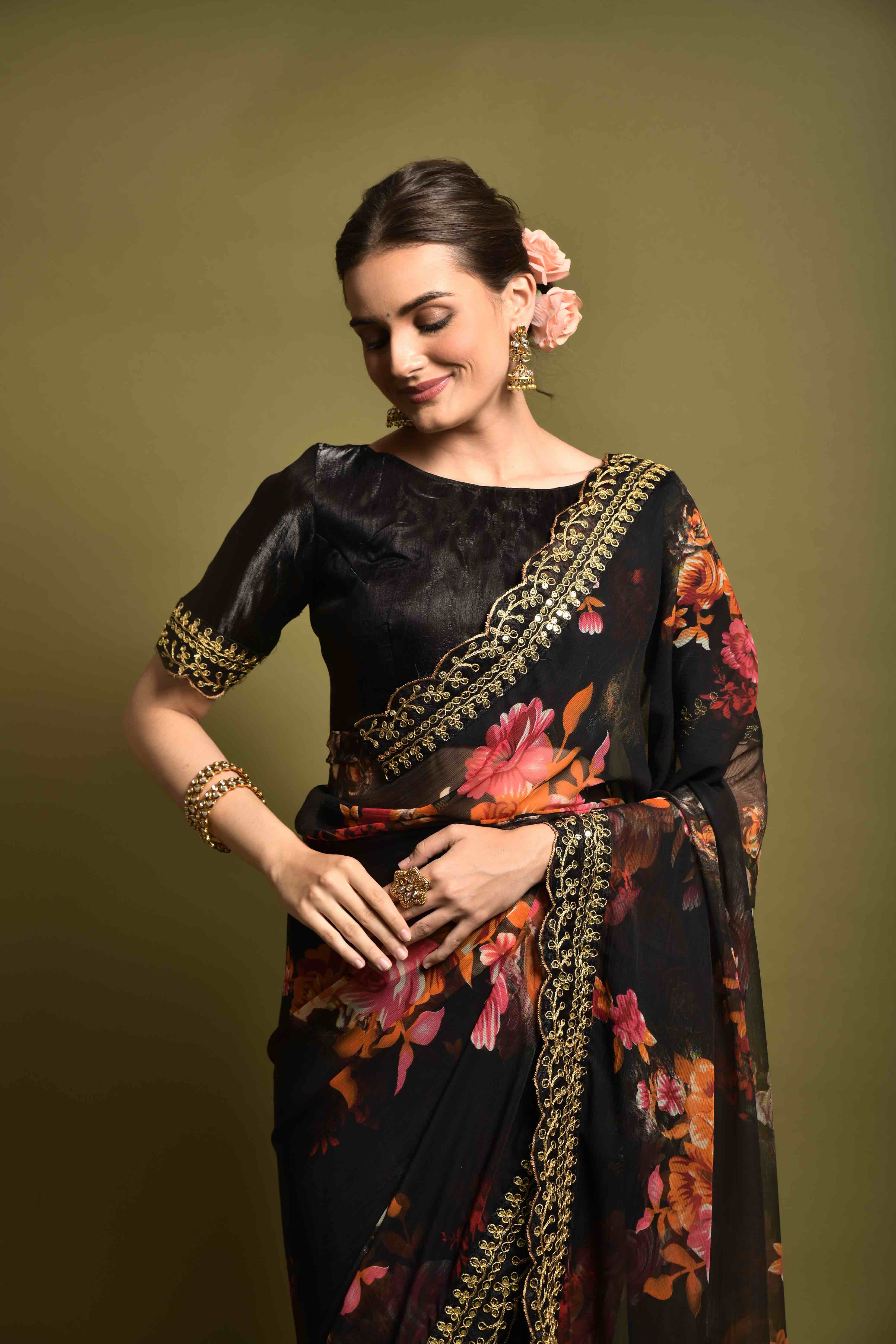 Georgette Flower Print Embroidery Saree