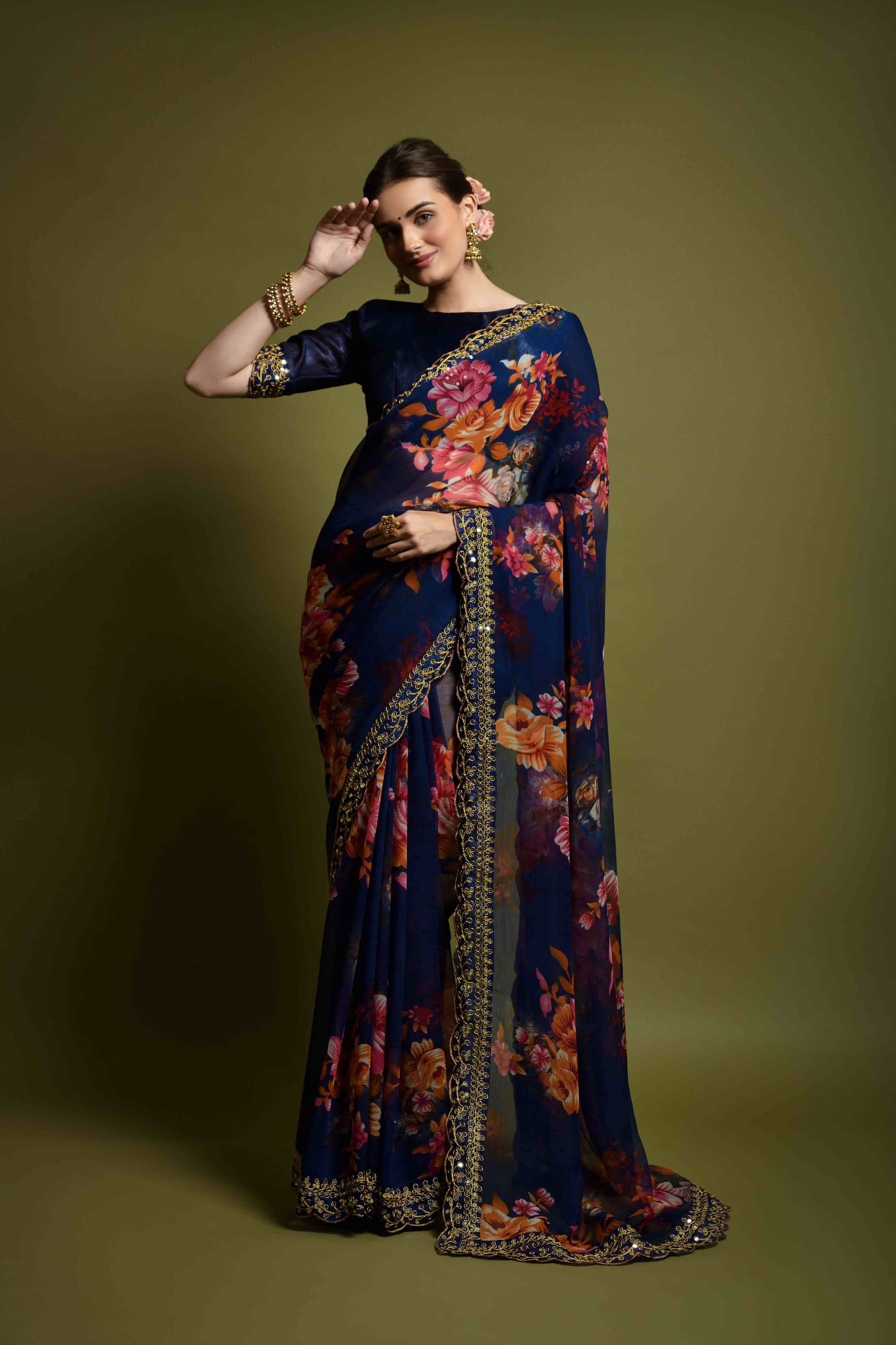 Georgette Flower Print Embroidery Saree