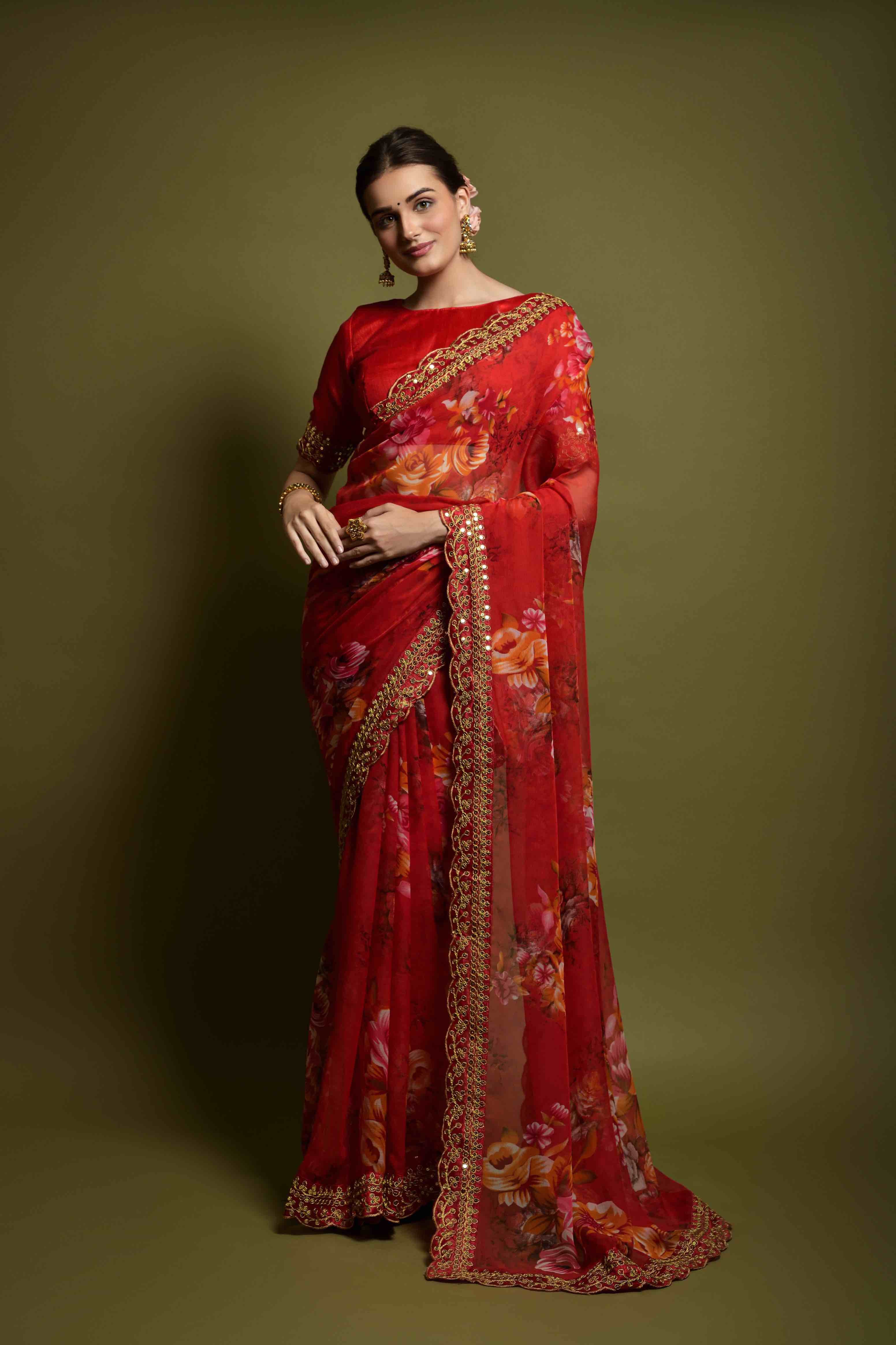 Georgette Flower Print Embroidery Saree