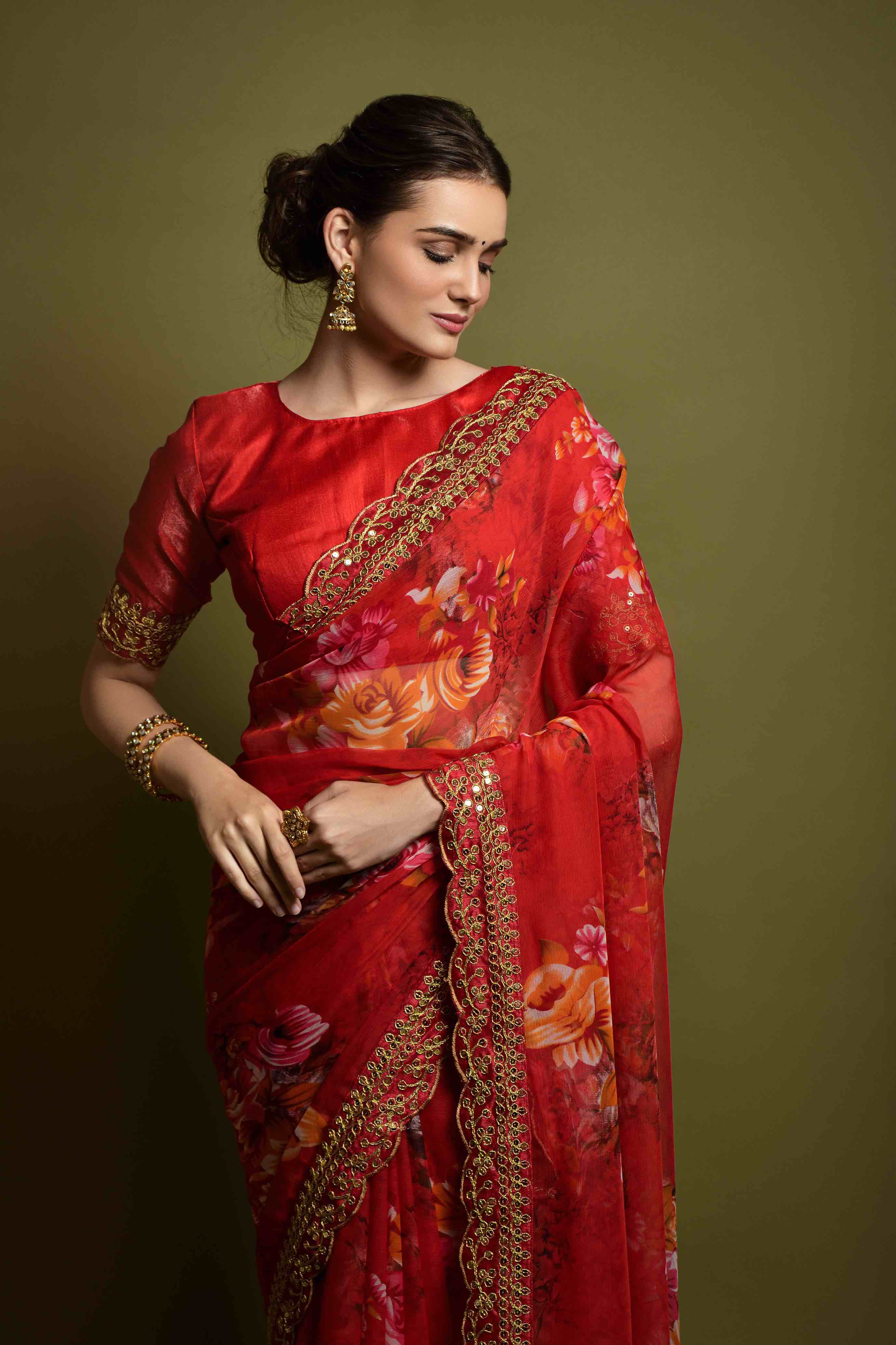 Georgette Flower Print Embroidery Saree