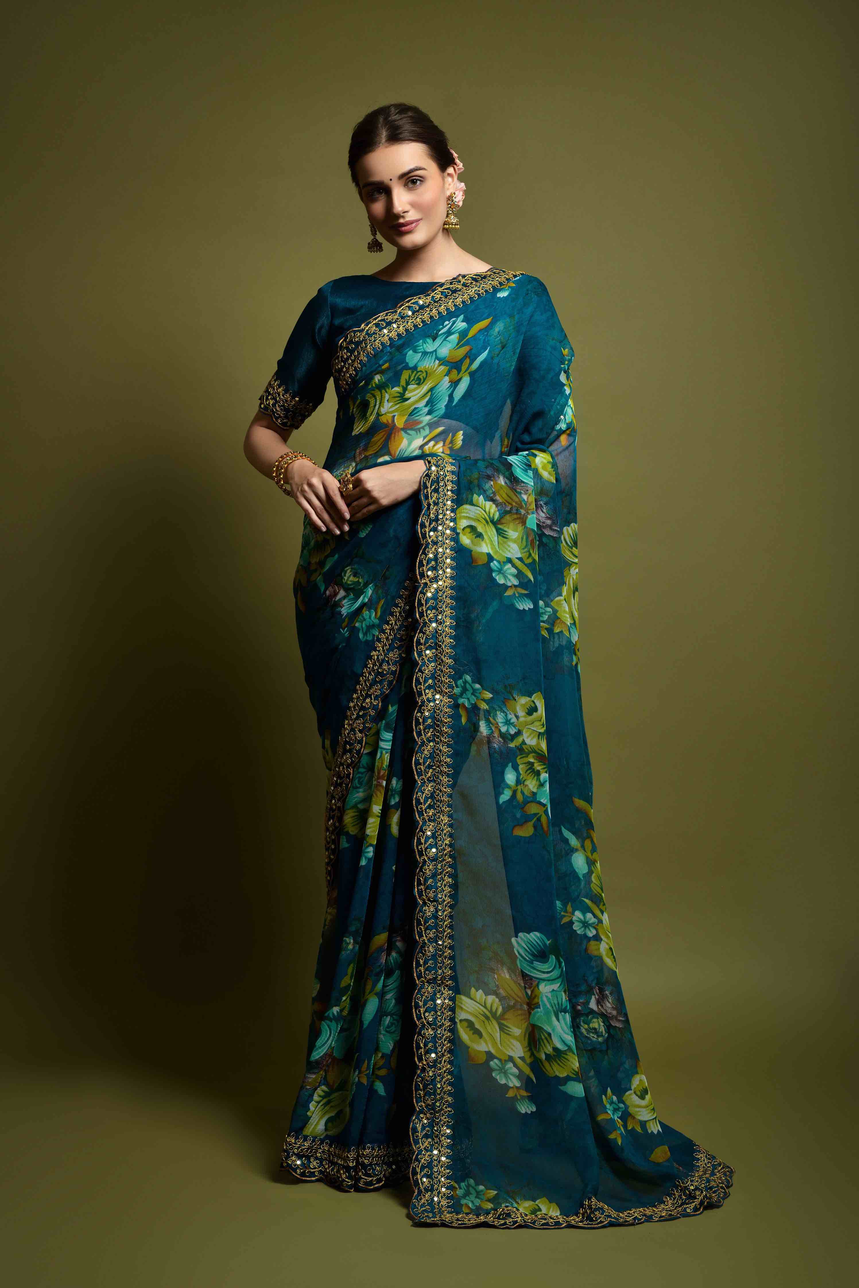 Georgette Flower Print Embroidery Saree