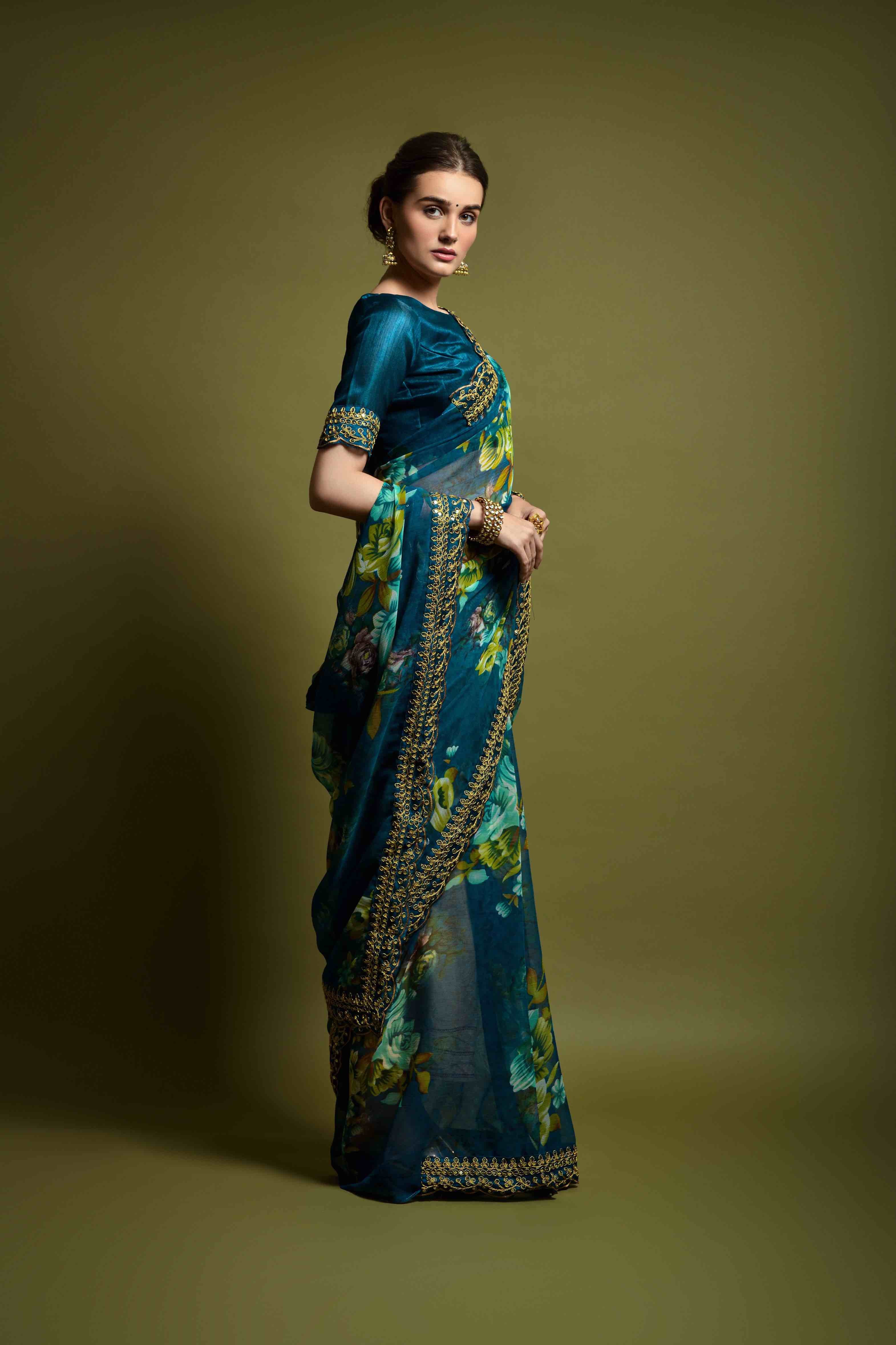 Georgette Flower Print Embroidery Saree