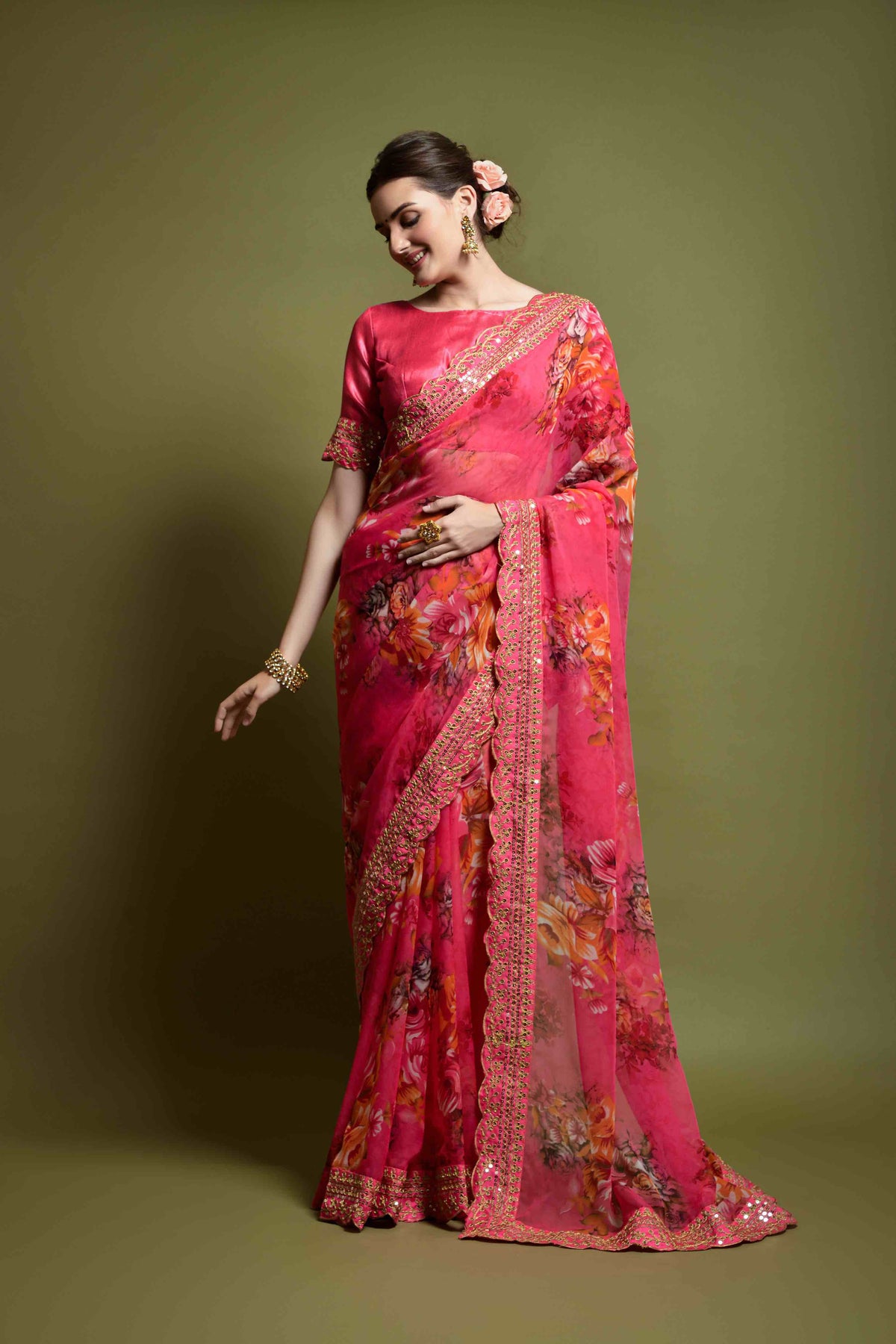 Georgette Flower Print Embroidery Saree