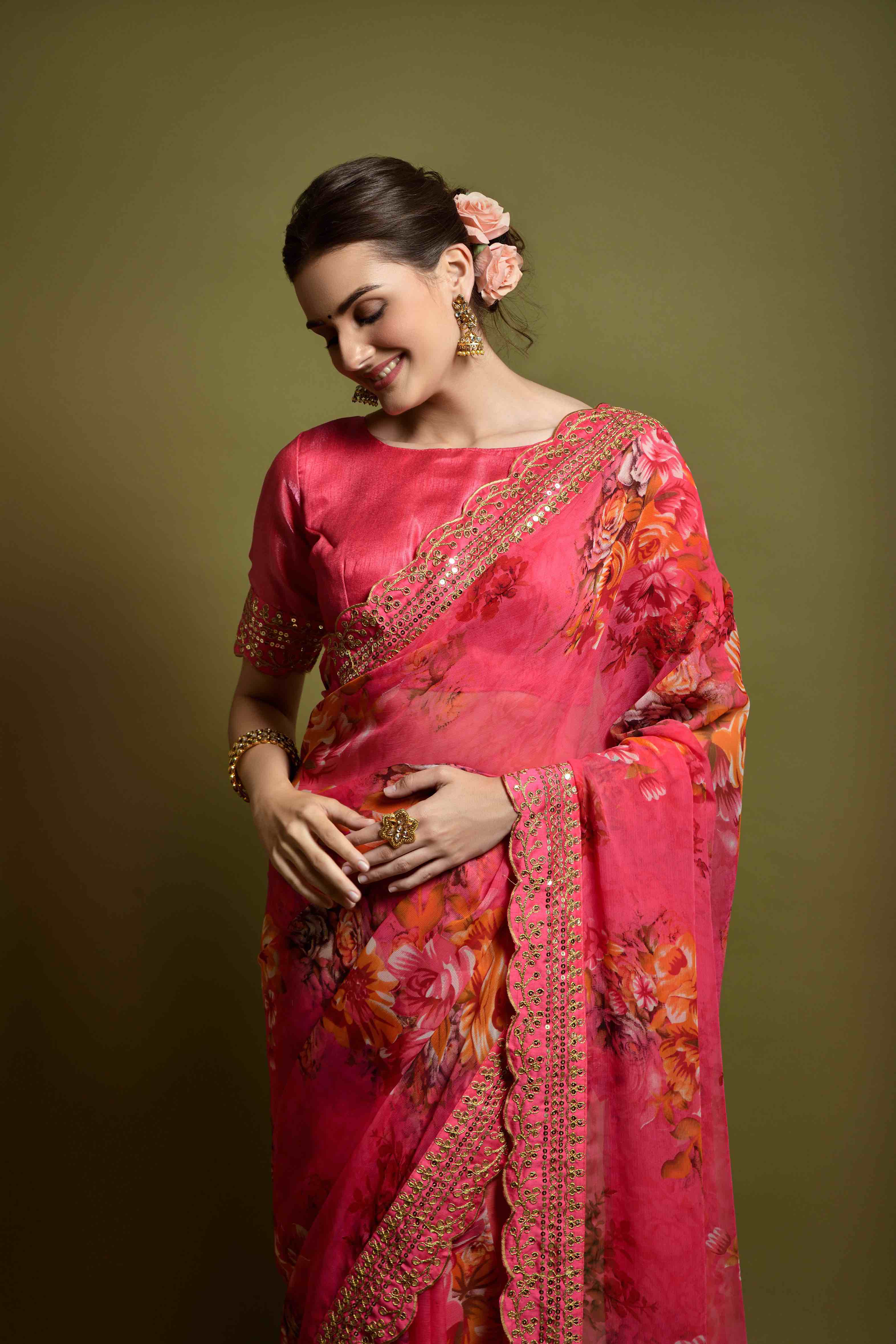 Georgette Flower Print Embroidery Saree