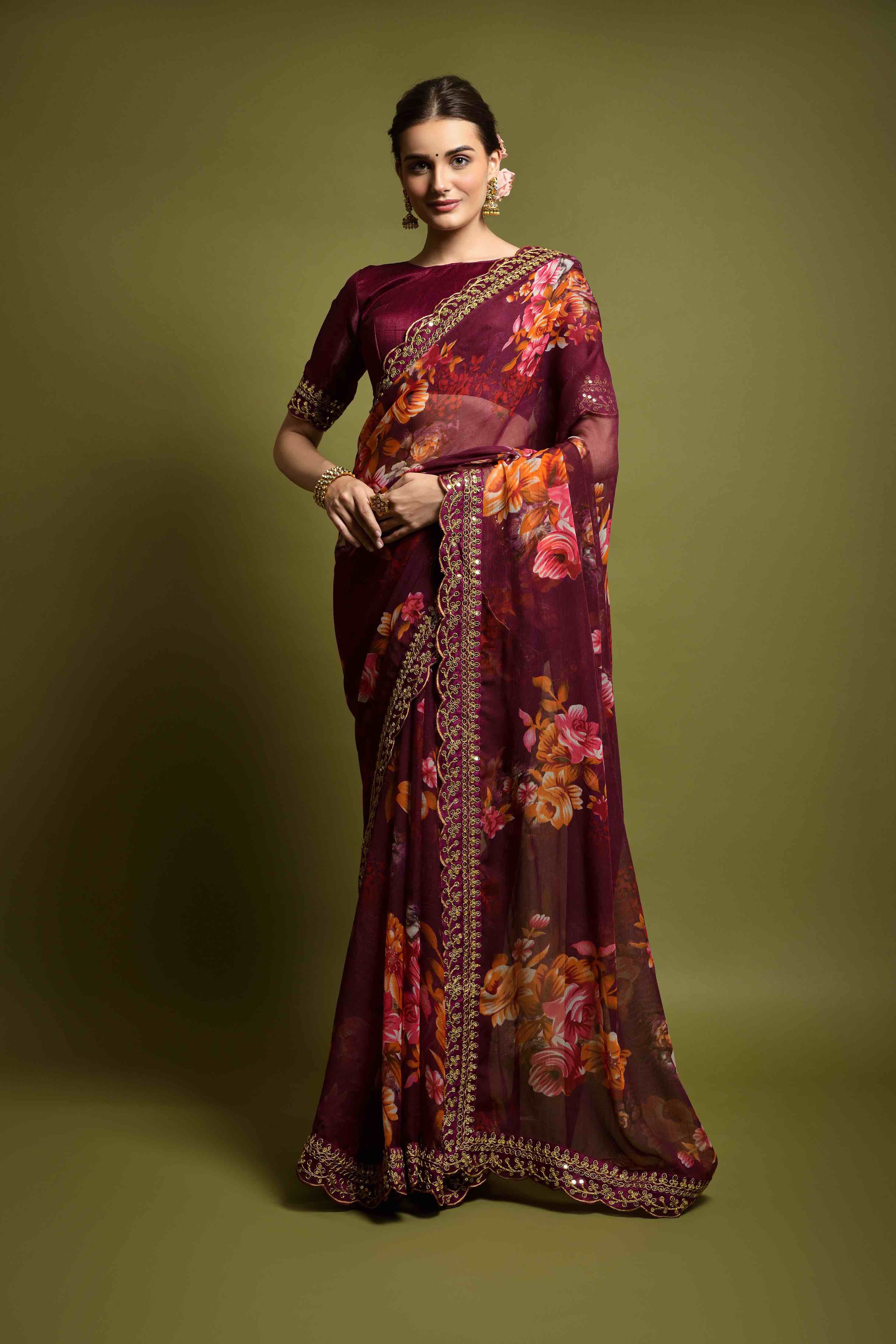 Georgette Flower Print Embroidery Saree