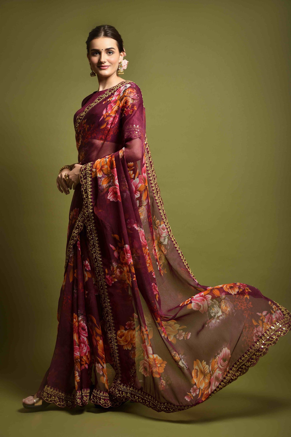 Georgette Flower Print Embroidery Saree