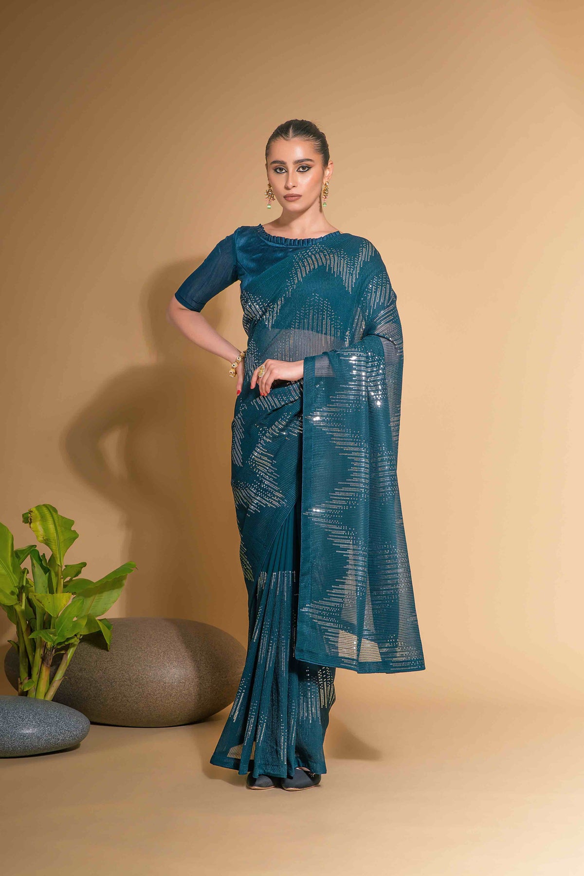 Faux Georgette Zig Zag Sequence Embroidary Saree