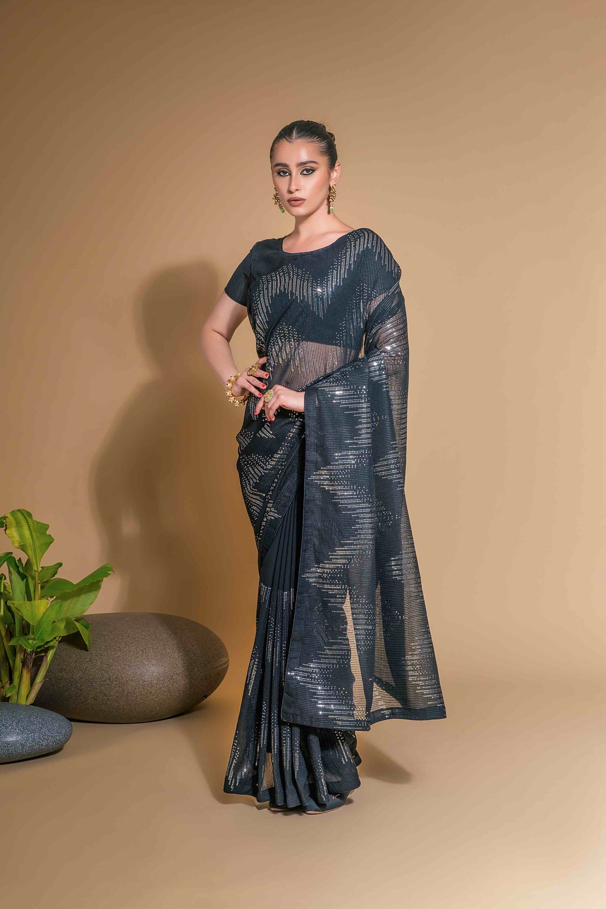 Faux Georgette Zig Zag Sequence Embroidary Saree