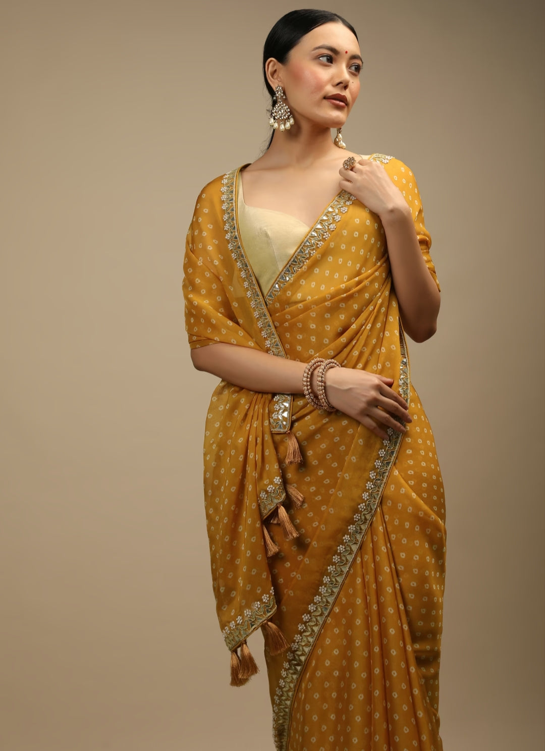 Chiffon Silk Bandhani Print Embroidery Lace Saree