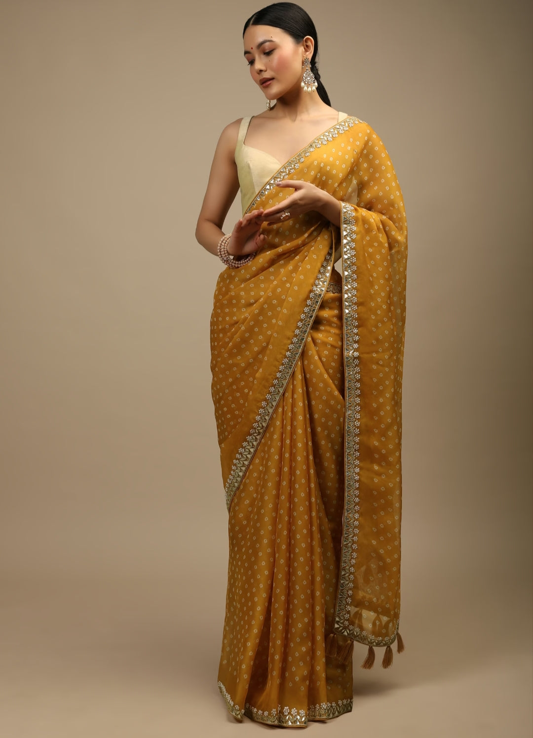 Chiffon Silk Bandhani Print Embroidery Lace Saree