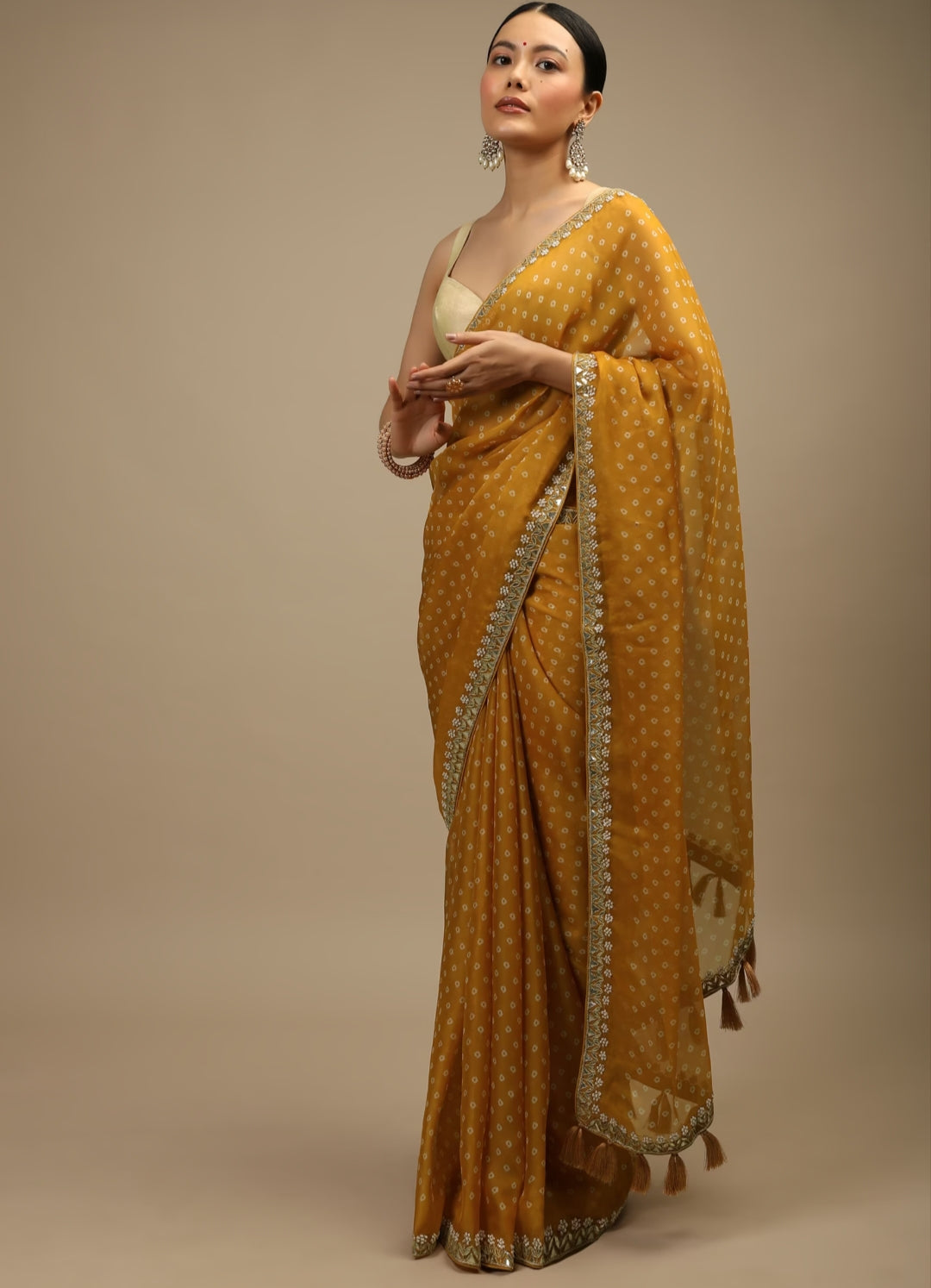 Chiffon Silk Bandhani Print Embroidery Lace Saree