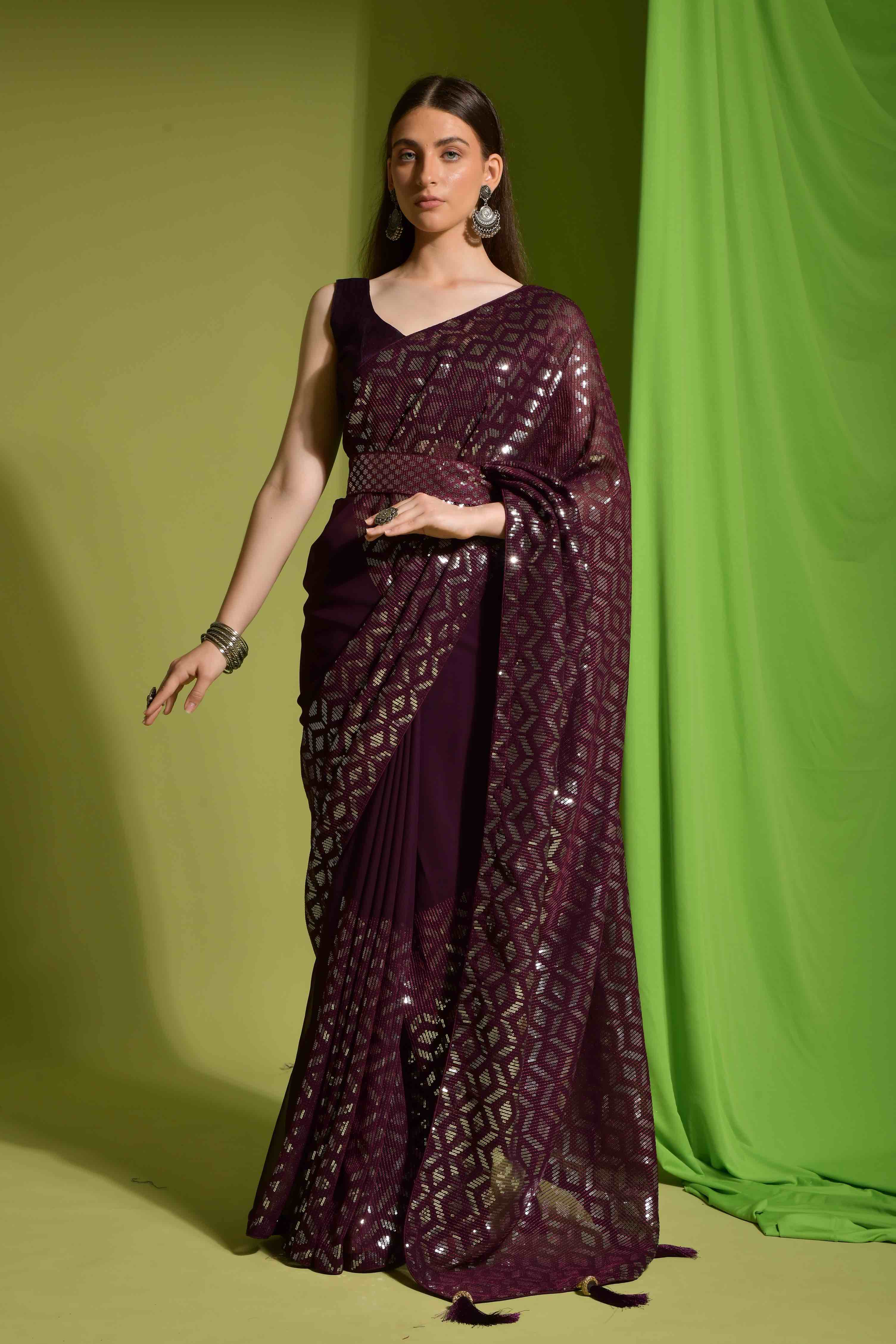 Faux Georgette Sequence Embroidery Saree With Belt