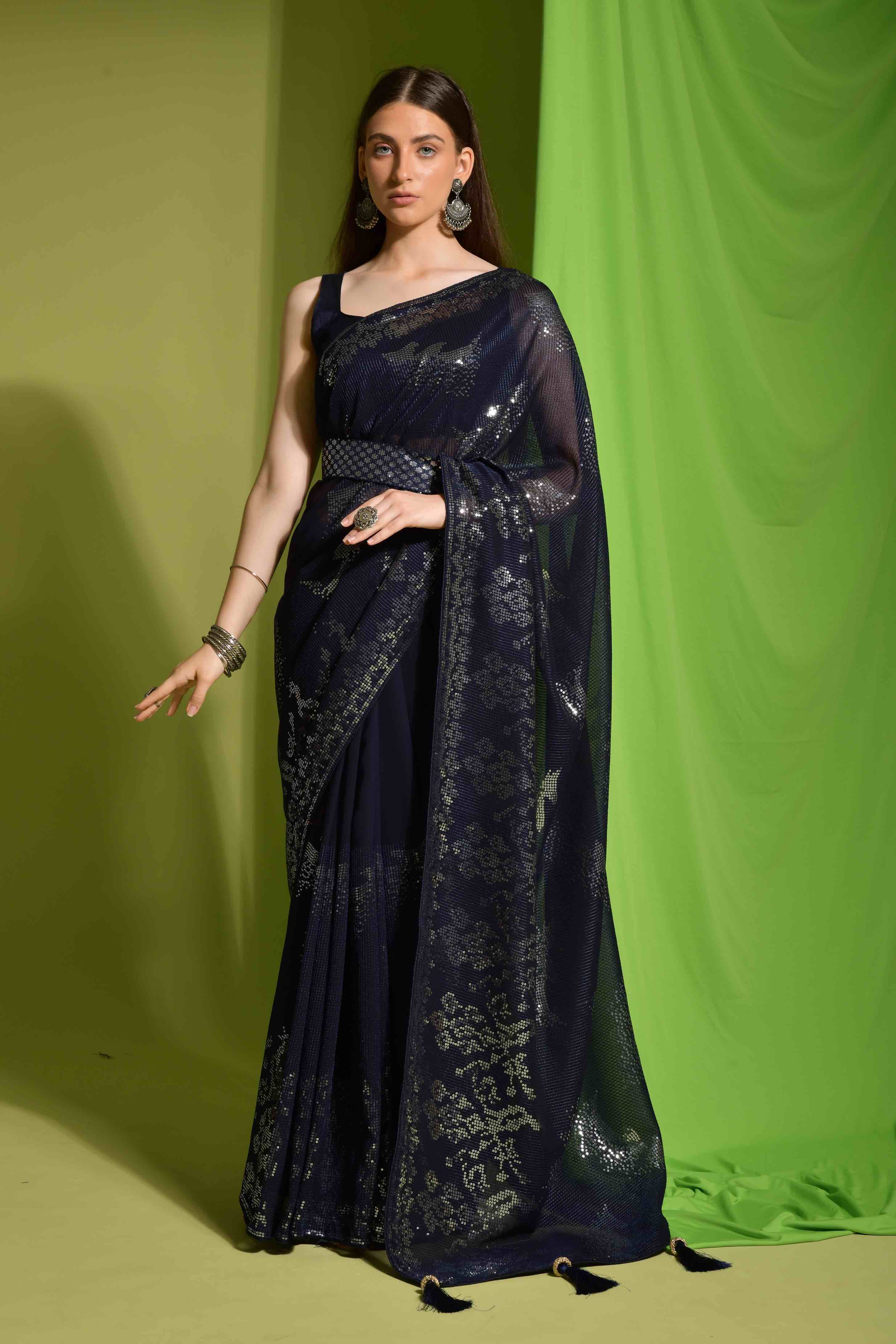 Faux Georgette Sequence Embroidery Saree With Belt