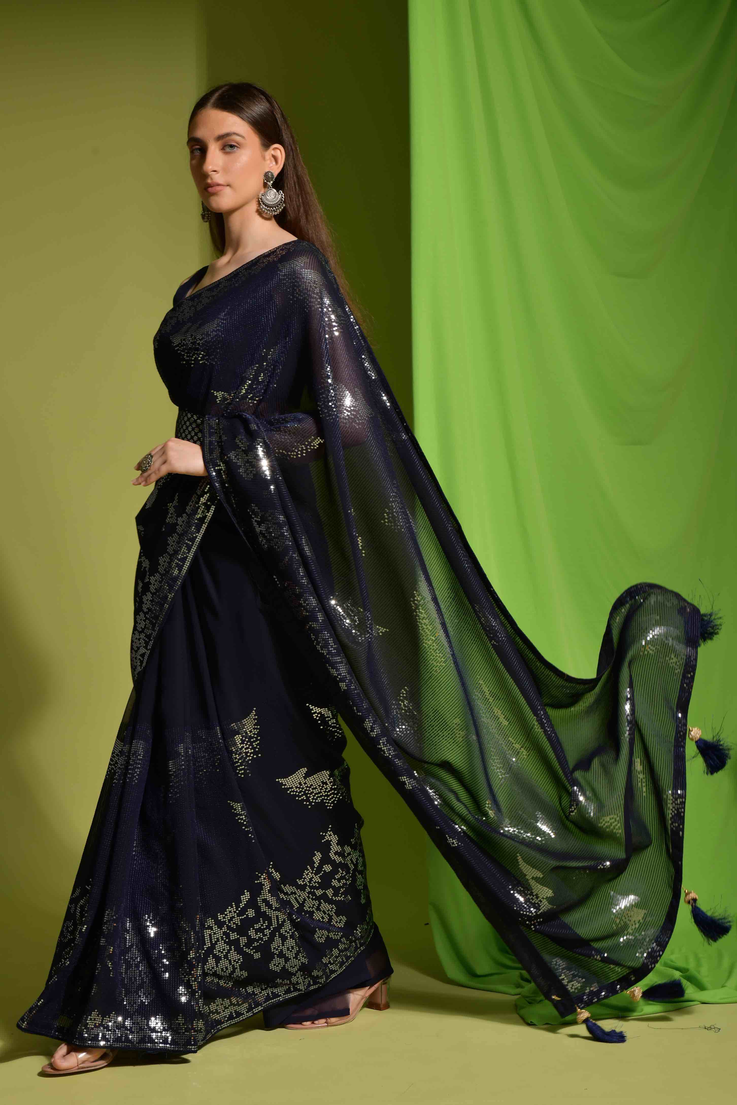 Faux Georgette Sequence Embroidery Saree With Belt