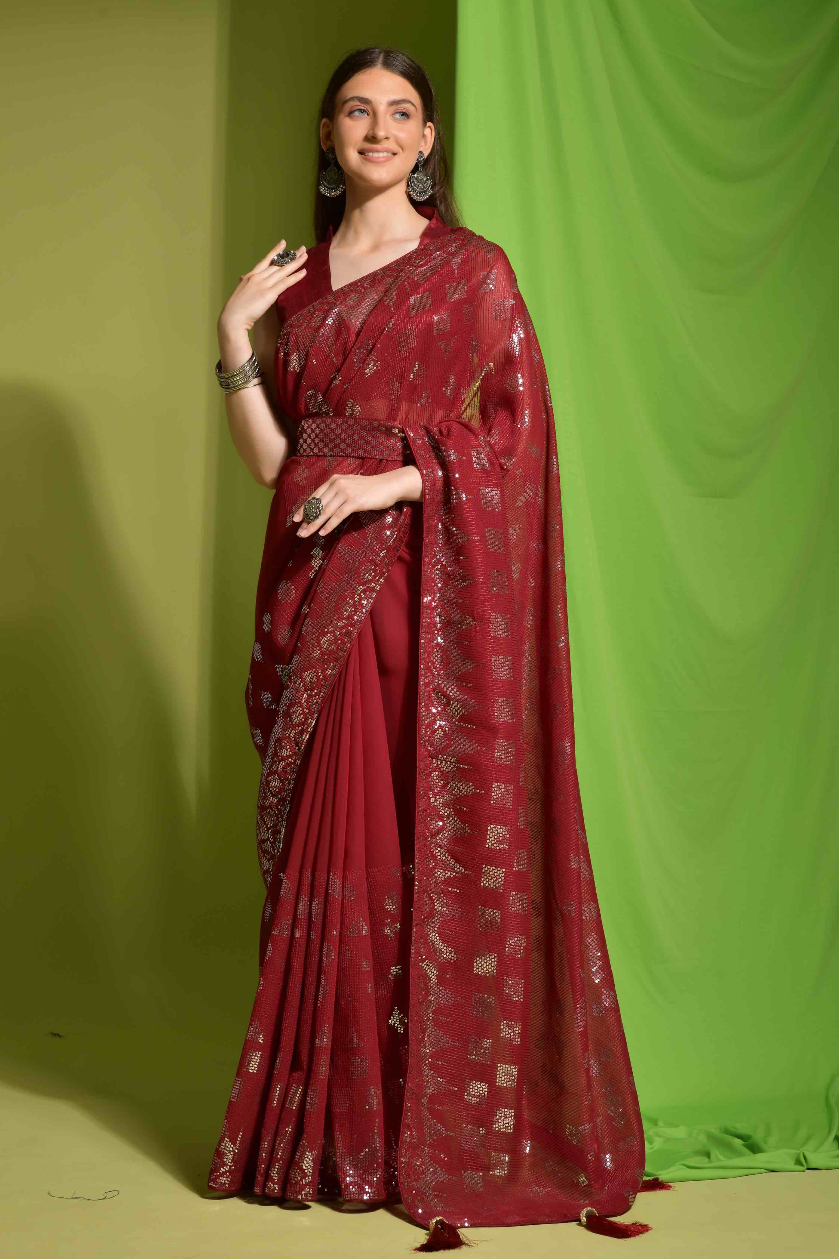 Faux Georgette Sequence Embroidery Saree With Belt