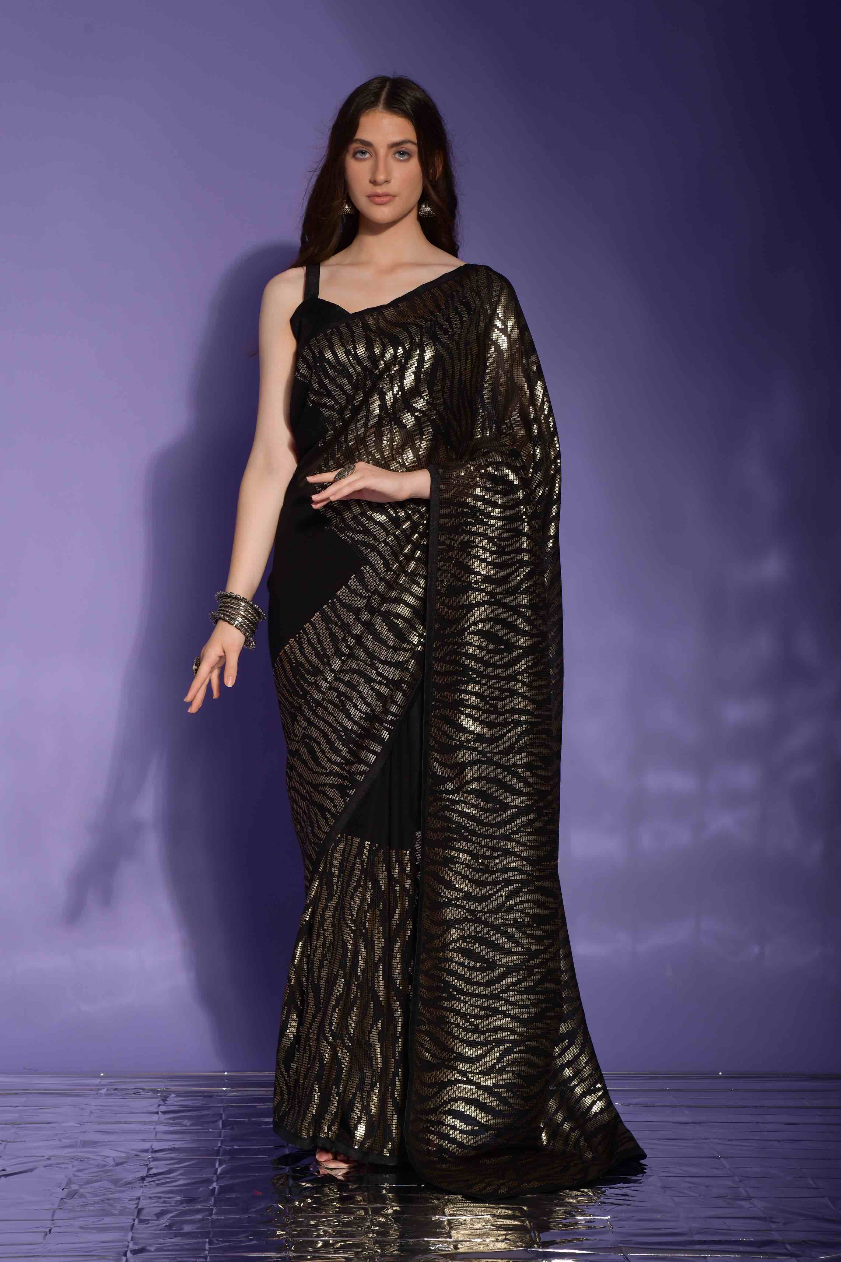 Faux Georgette Cheetah Sequence Embroidery Saree